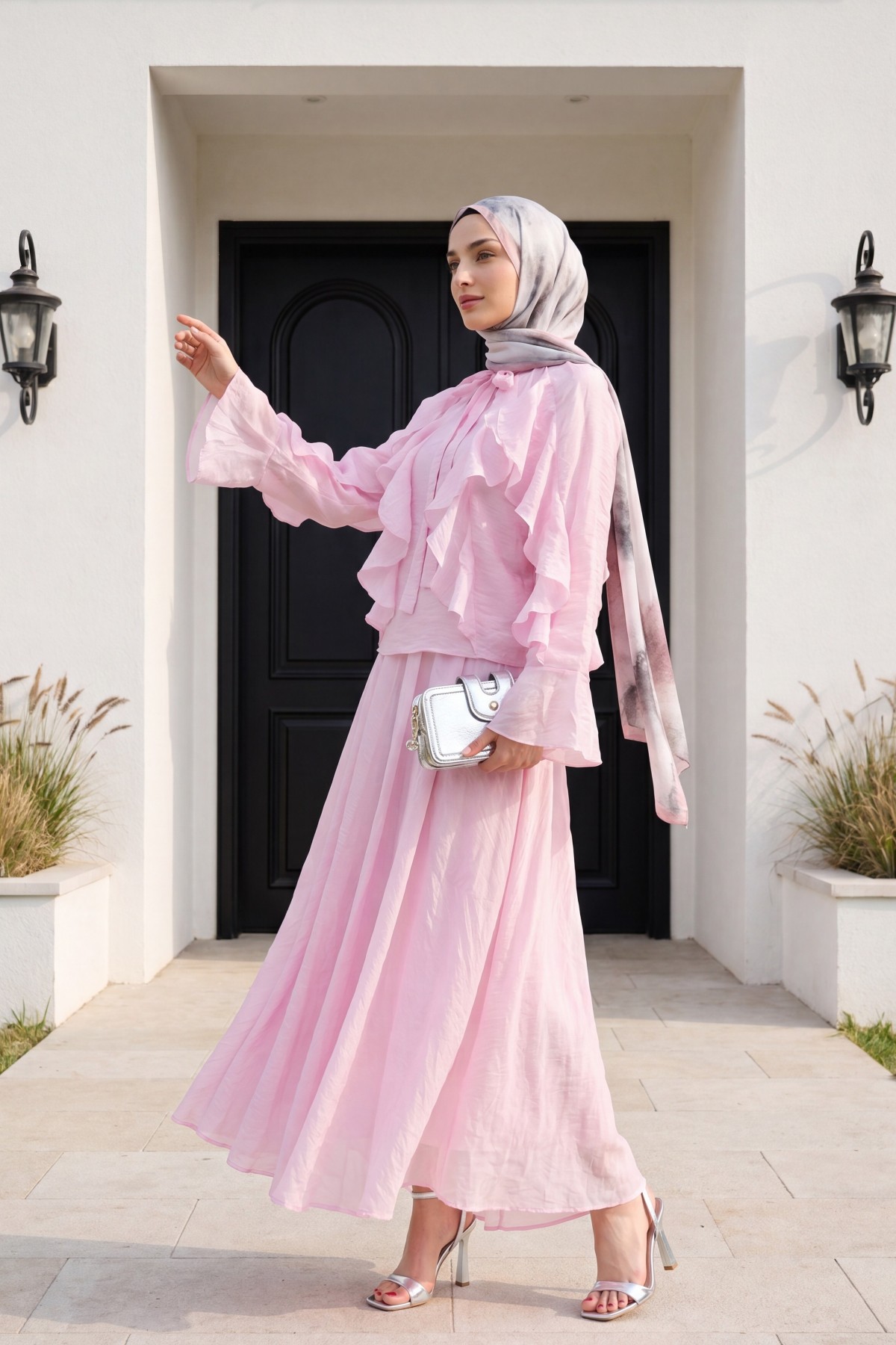 Lace-up Neckline, Ruffled Front, Lined Tulle Modal Set -Powder