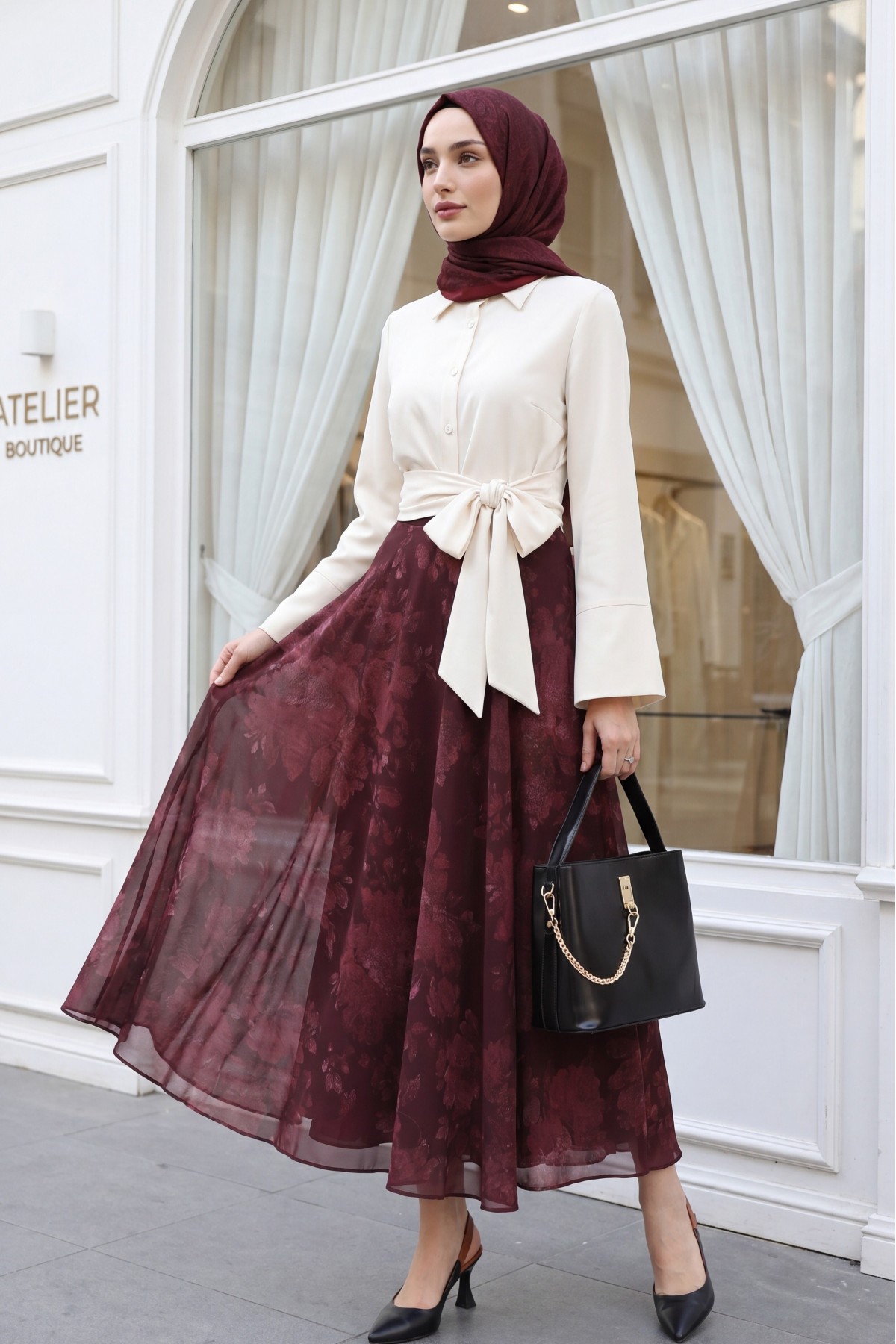 Yandan Fermuarlı Desenli Astarlı Şifon Etek -Bordo