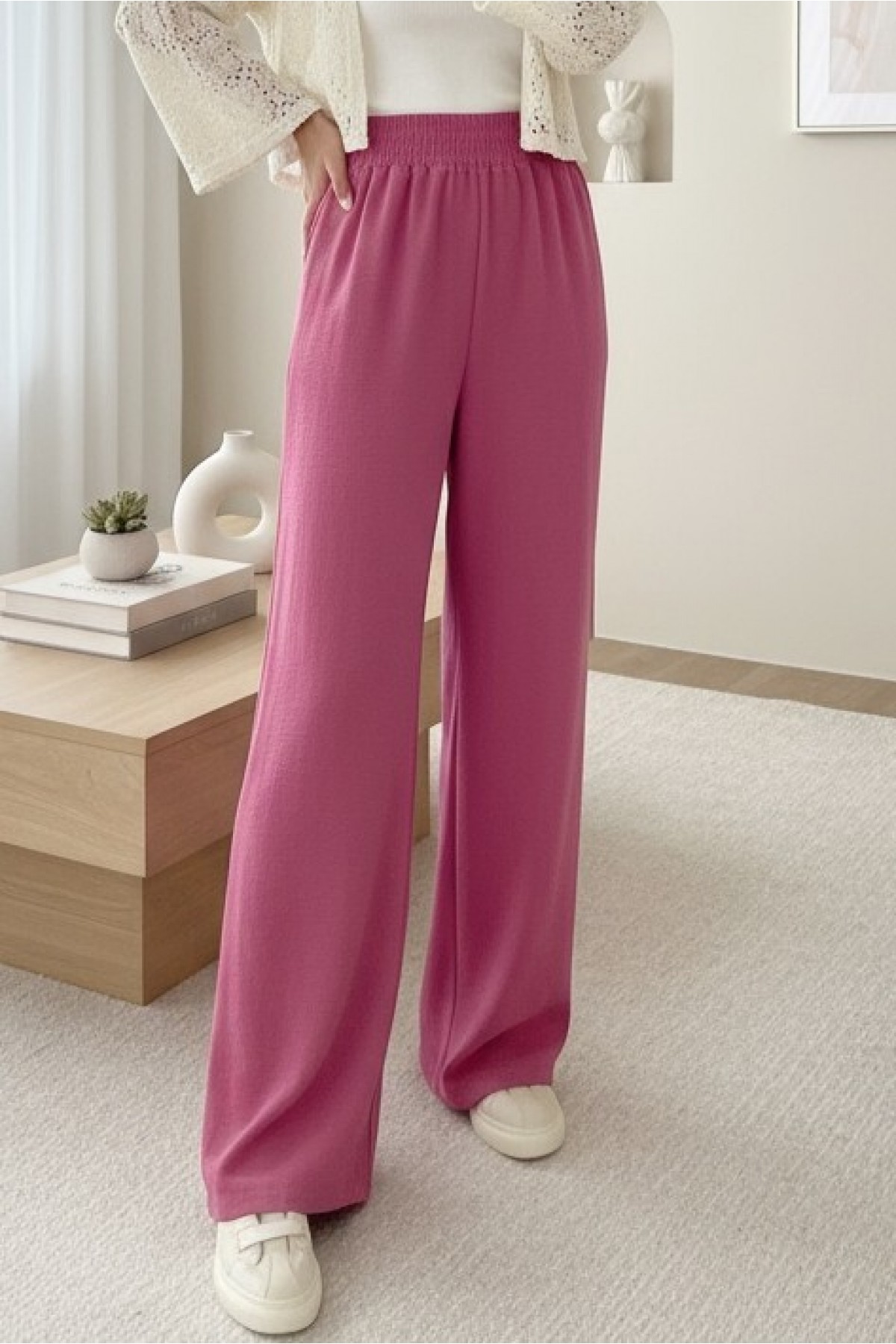 Wide Elastic Waist Loose Ayrobin Trousers  -Cherry Color