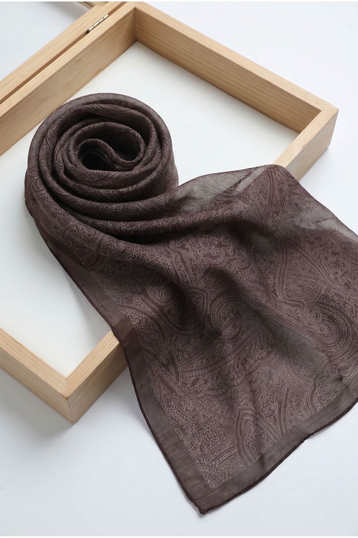Fine Line Embroidered Cotton Scarf -Dark Coffee