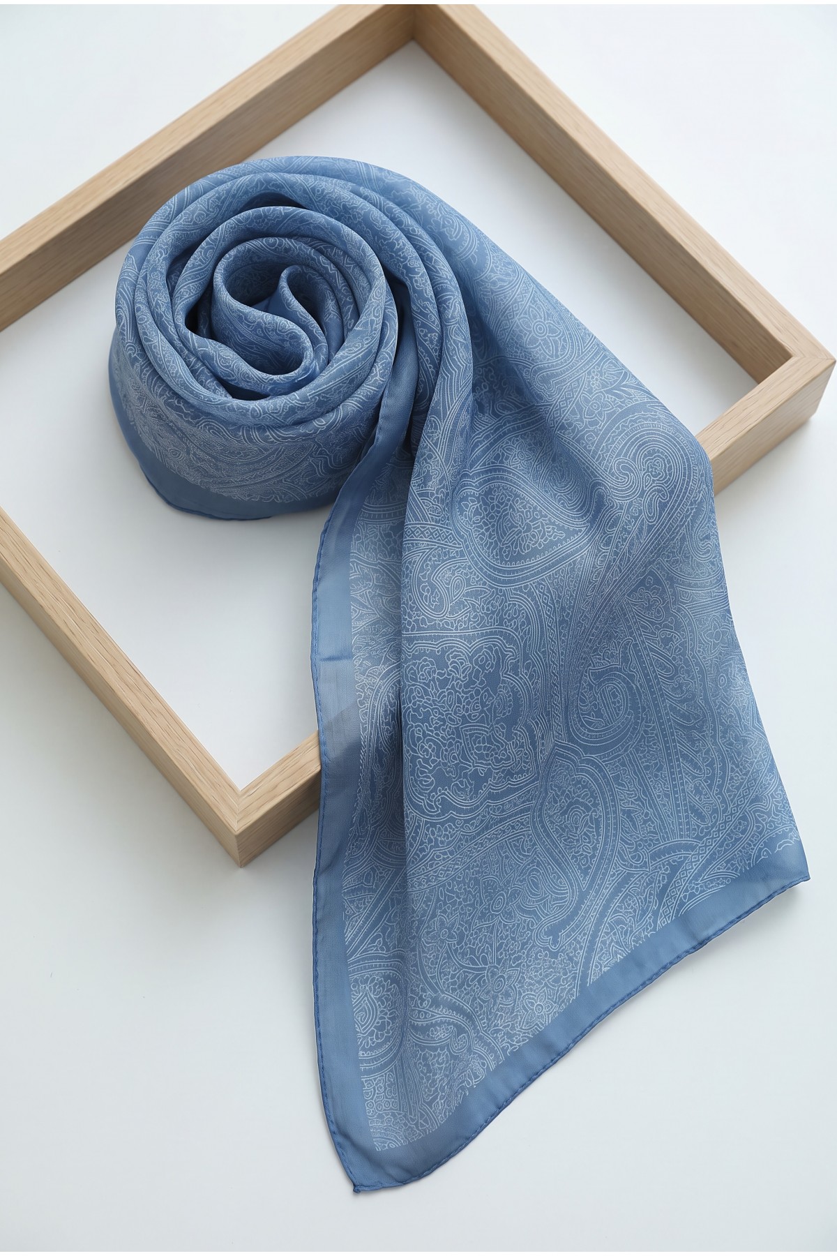 Fine Line Embroidered Cotton Scarf -Blue