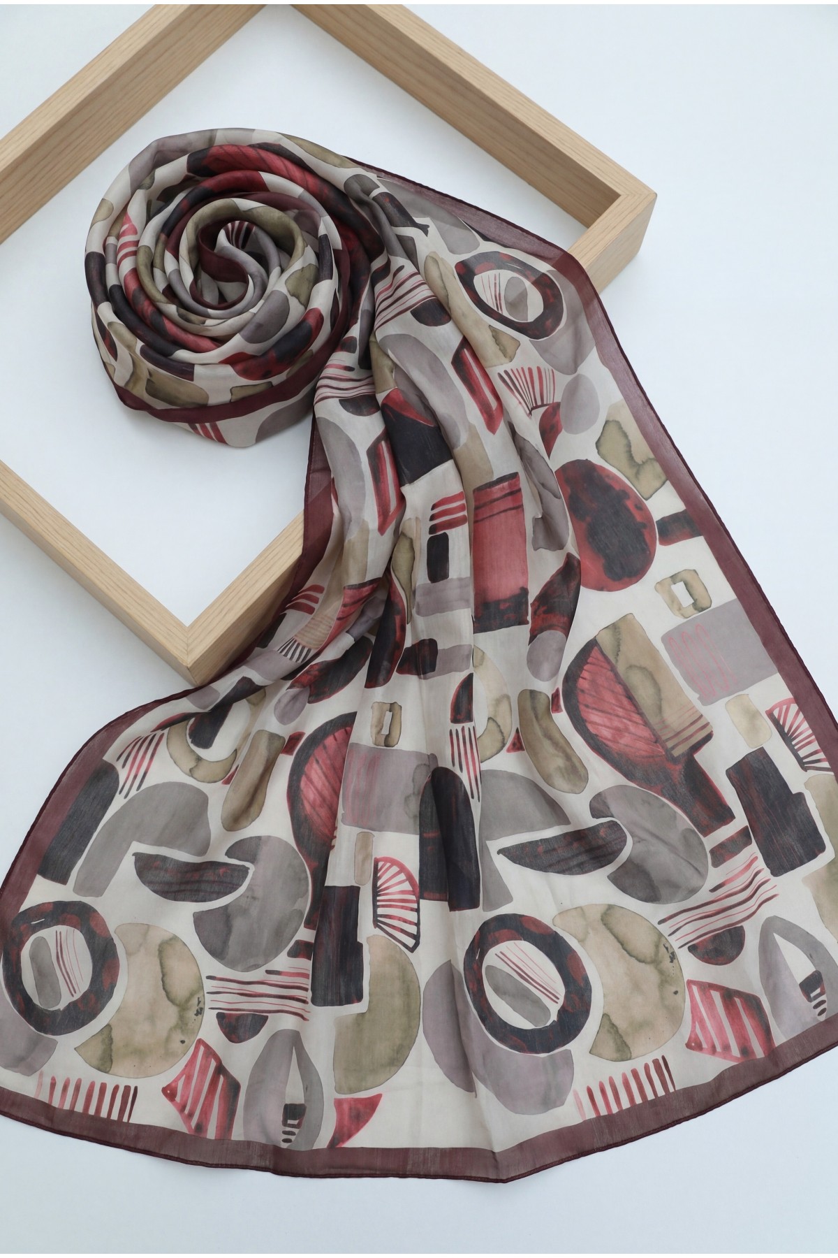 Watercolor Textured Graphic Pattern Cotton Scarf -Maroon