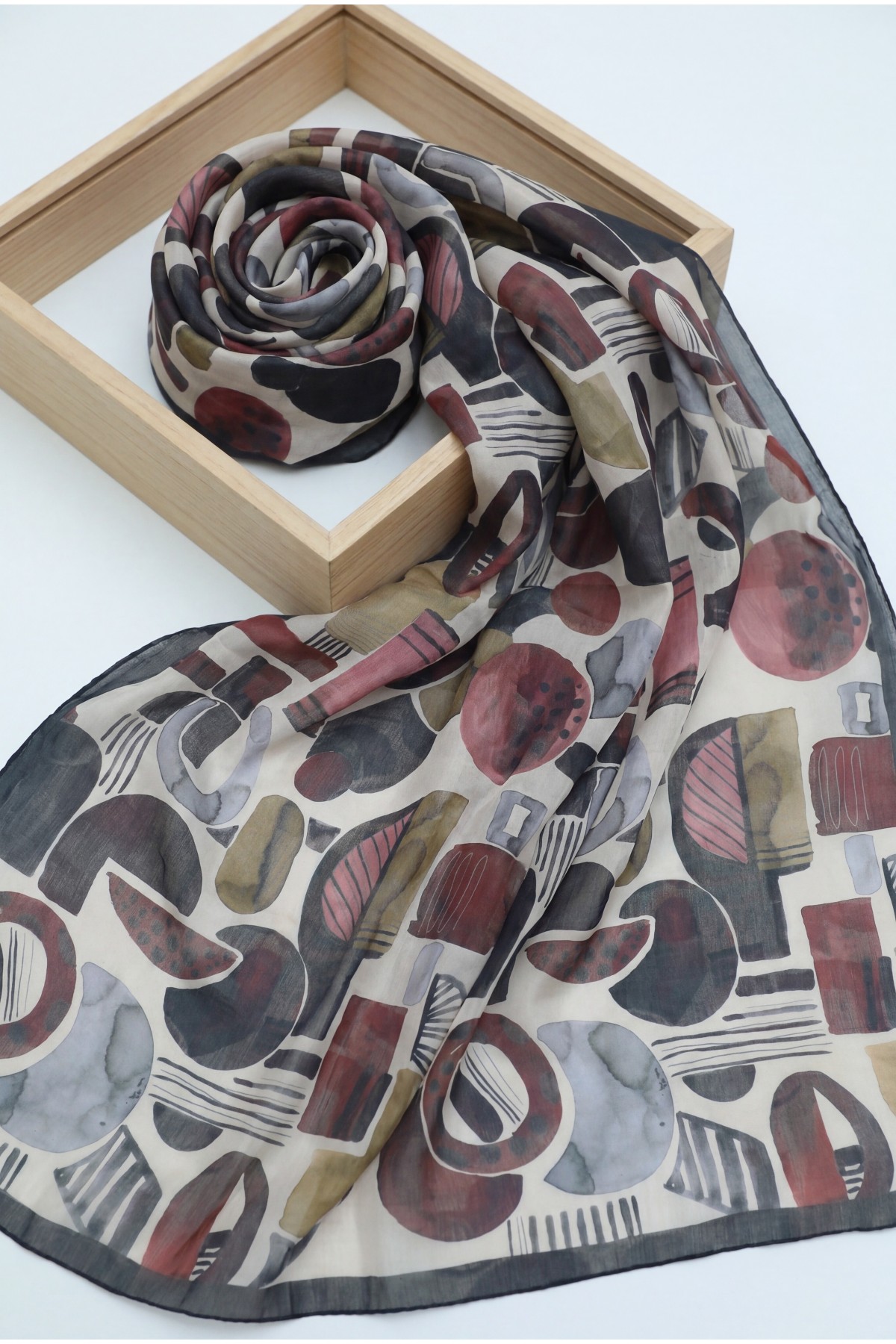 Watercolor Textured Graphic Pattern Cotton Scarf -Grey