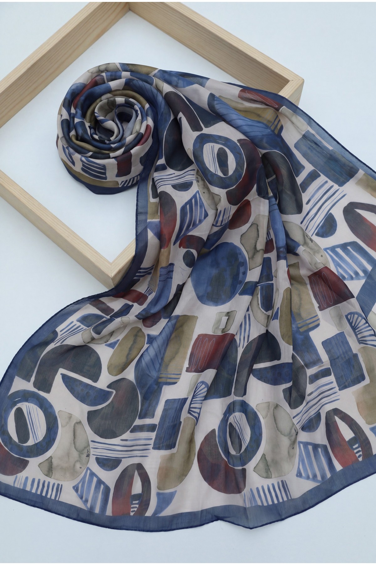Watercolor Textured Graphic Pattern Cotton Scarf -İndigo