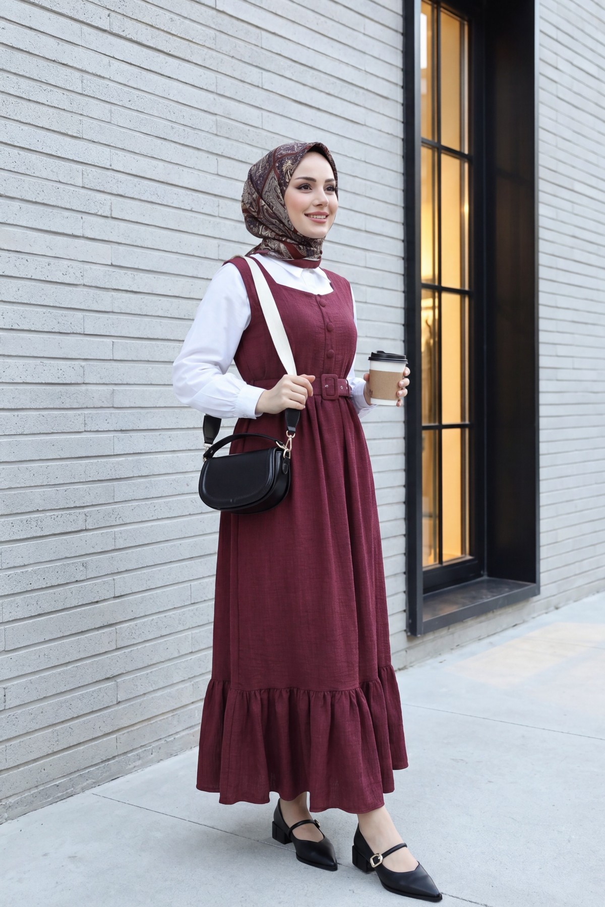 Button Up Dress with Ruffled Waist Belt  -Maroon