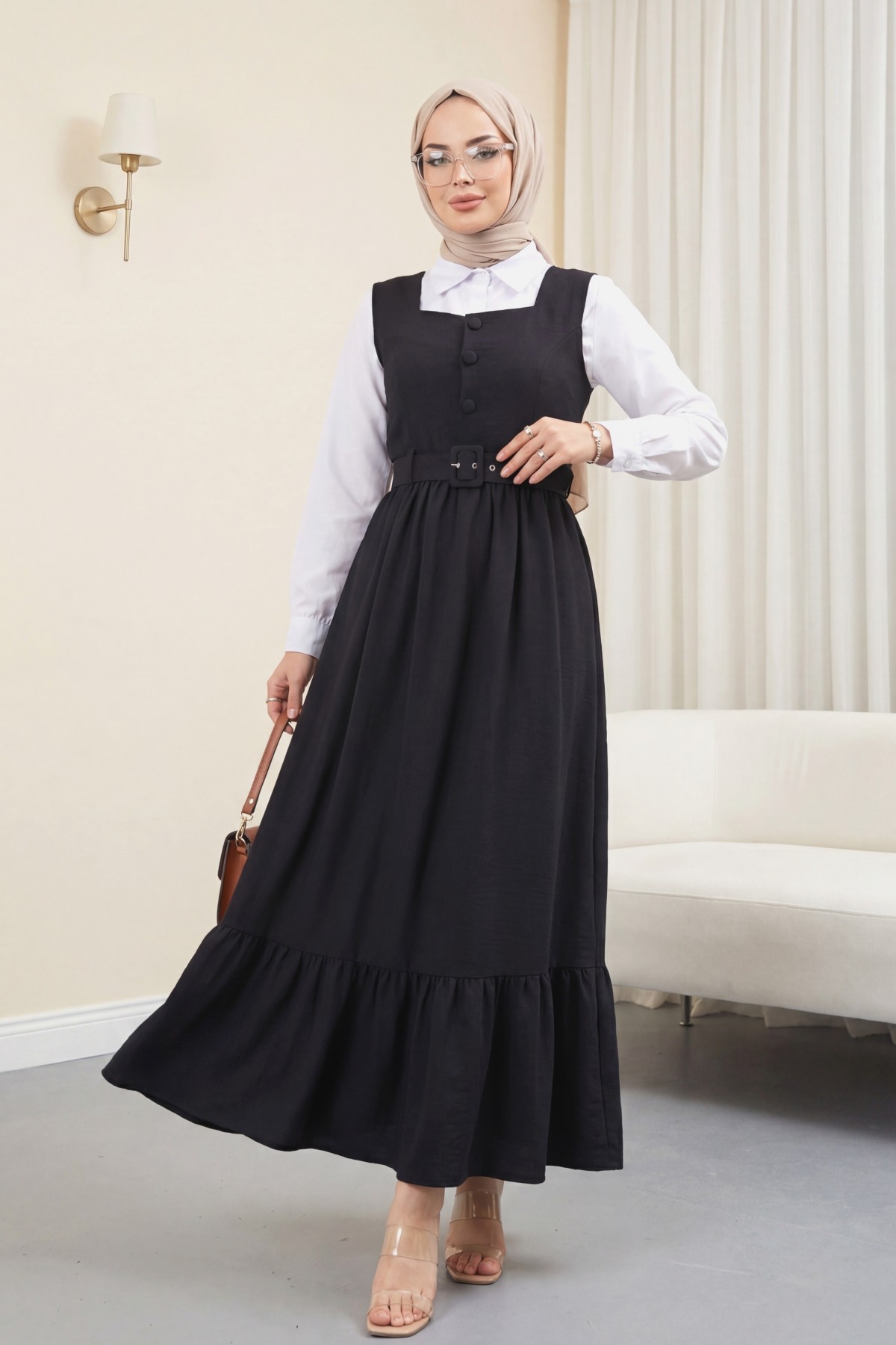 Button Up Dress with Ruffled Waist Belt   -Black