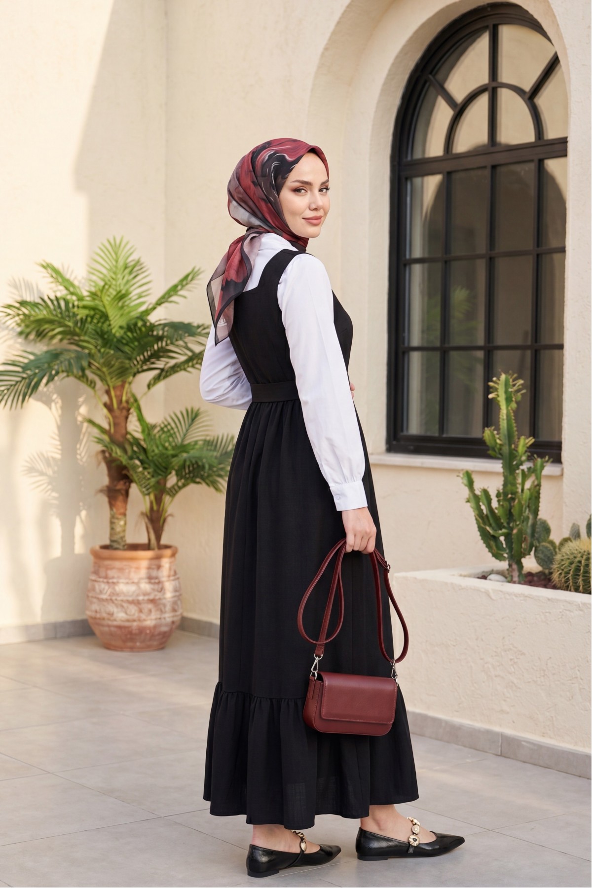 Button Up Dress with Ruffled Waist Belt   -Black