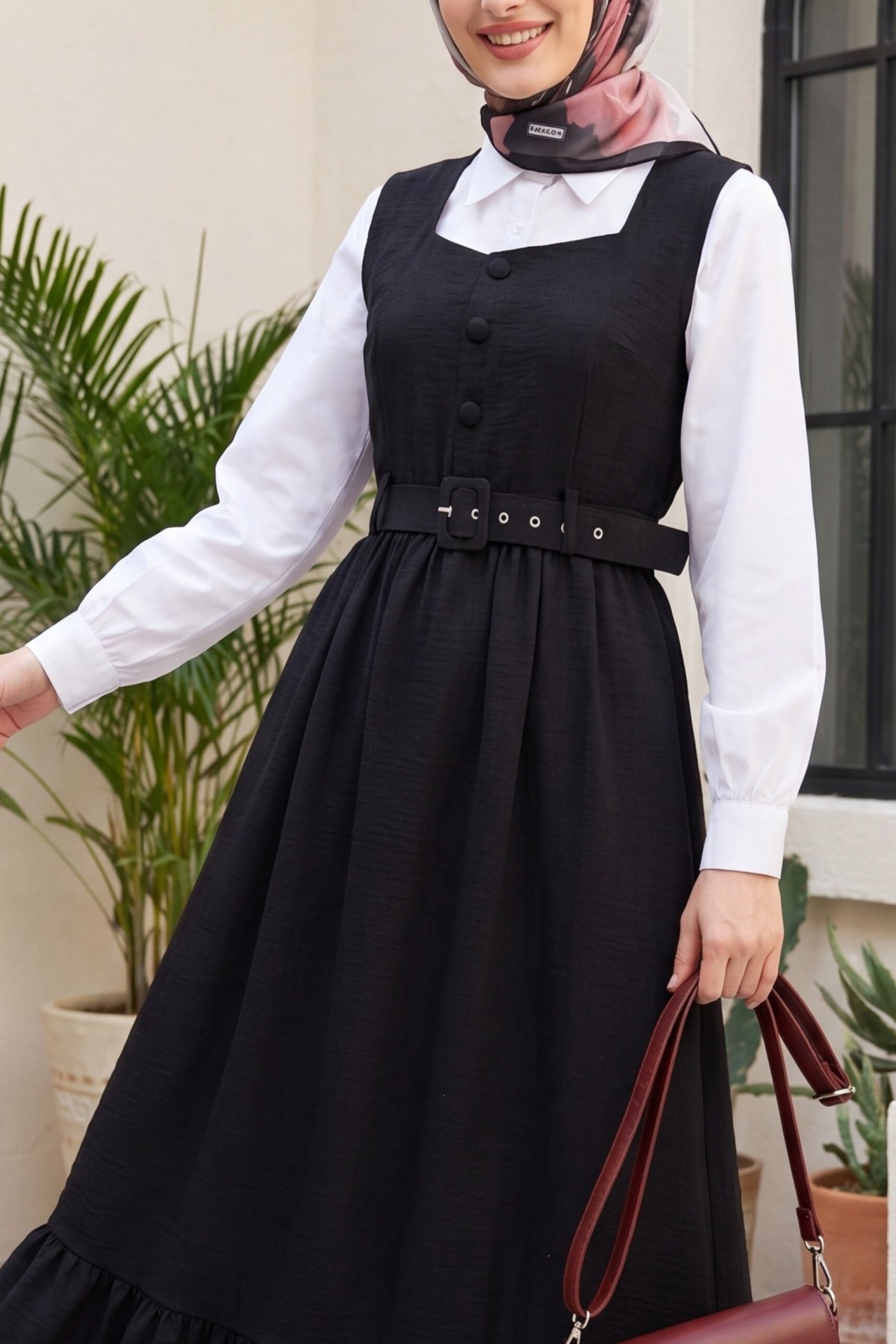 Button Up Dress with Ruffled Waist Belt   -Black