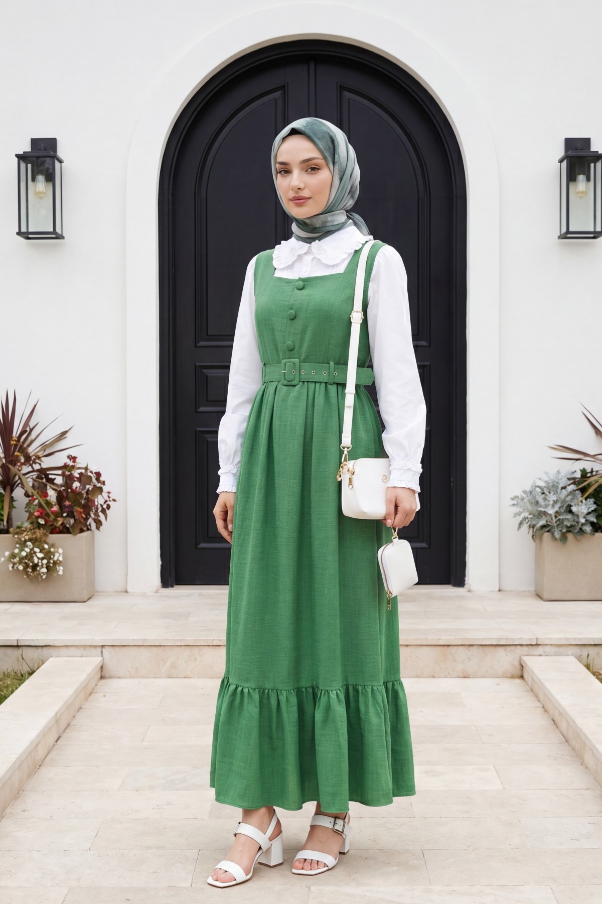 Button Up Dress with Ruffled Waist Belt   -Green