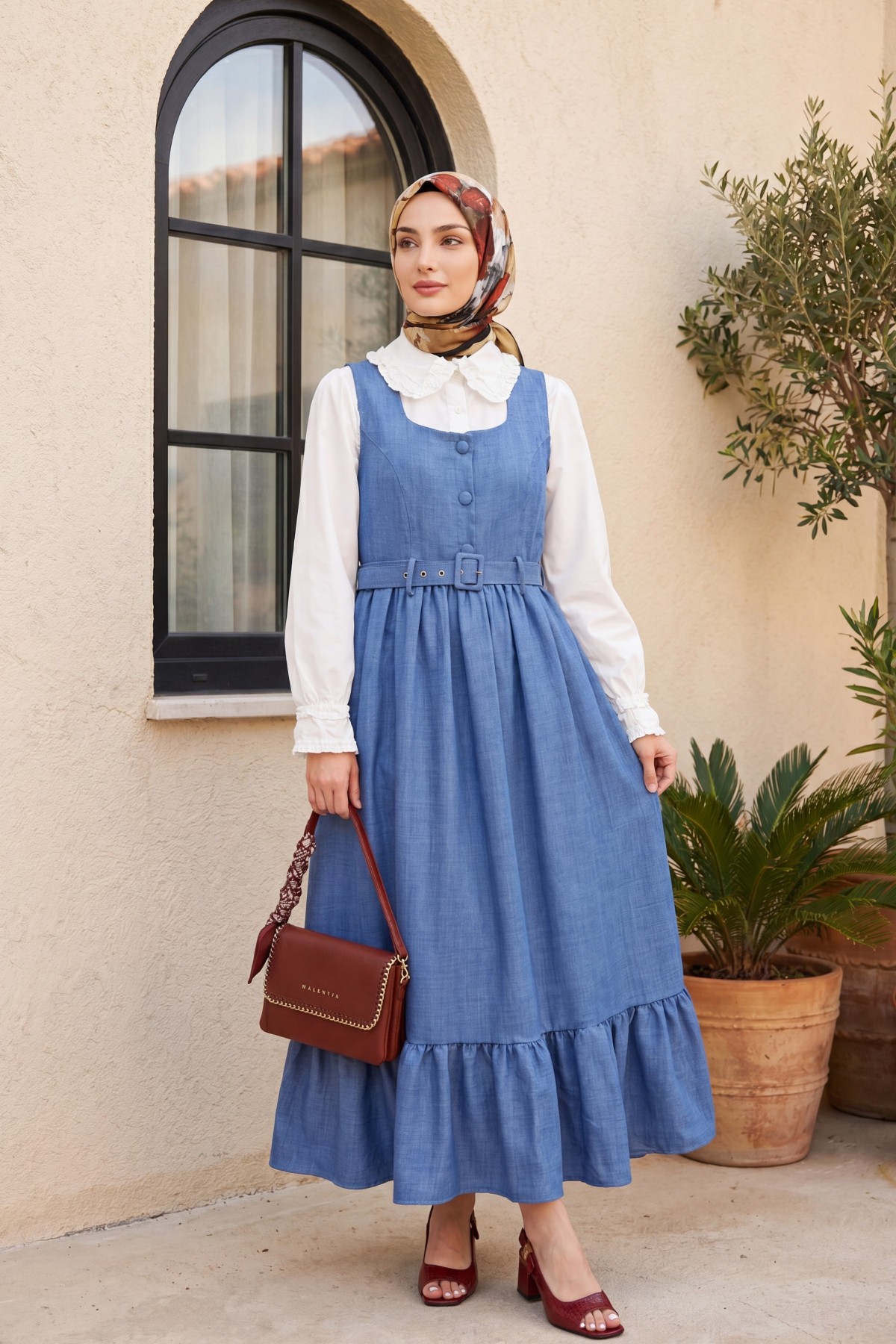 Button Up Dress with Ruffled Waist Belt    -İndigo