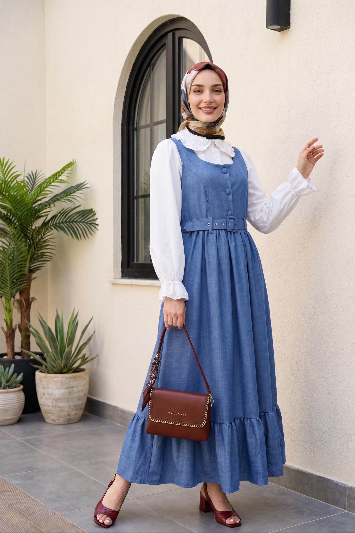 Button Up Dress with Ruffled Waist Belt    -İndigo