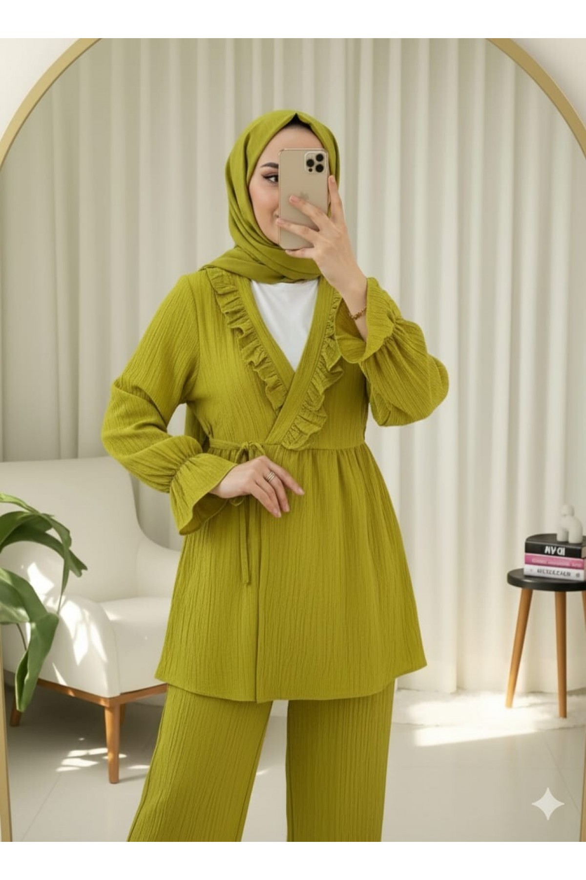 Kolu Lastikli Önü Fırfırlı Bağcıklı Krinkıl Kimono Takım -Yağ Yeşili