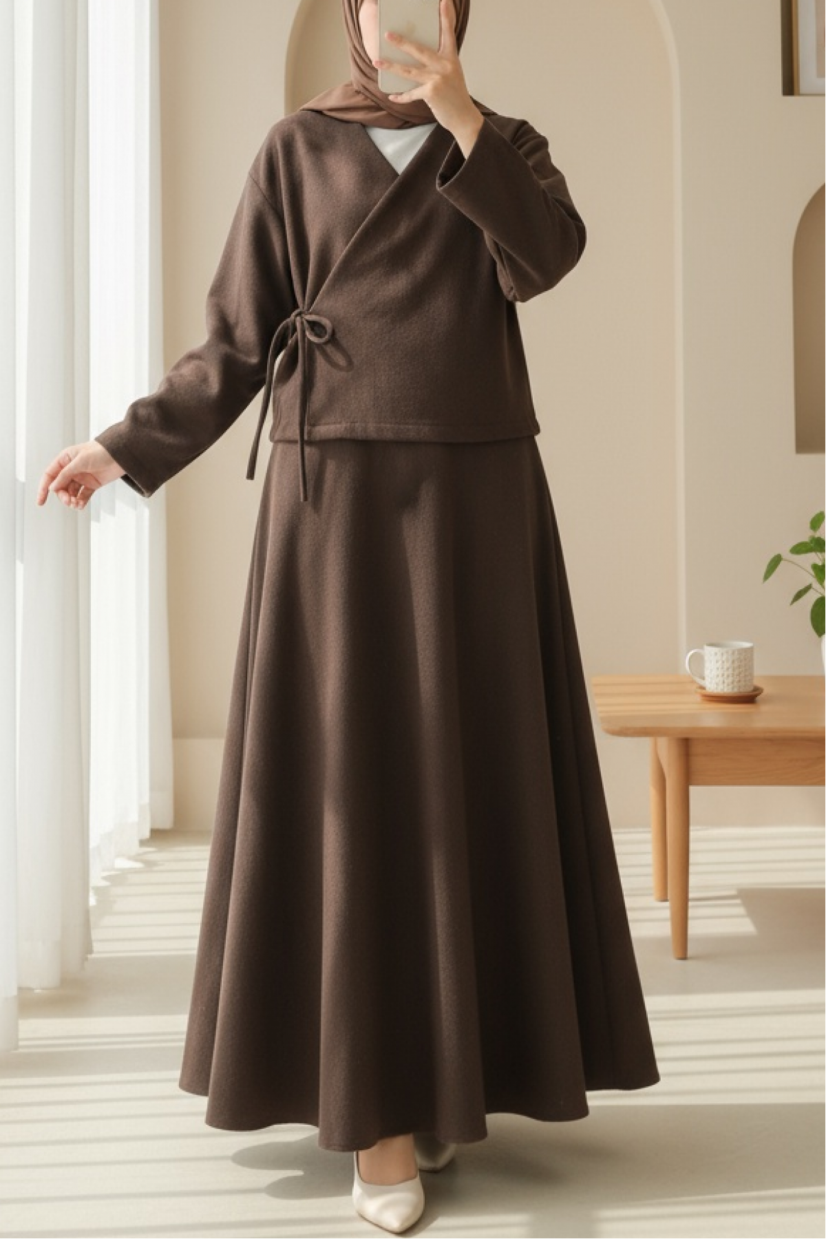 Tied Front Skirted Cashmere Kimono Set -Brown