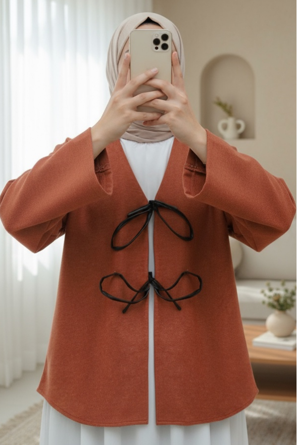 Önü Bağcıklı Oval Kesim Kaşe Kimono    -Kiremit