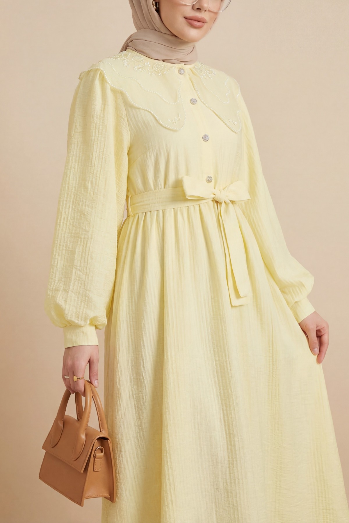 Organza Peter Pan Collar Crinkle Dress with Stone Buttons -Yellow