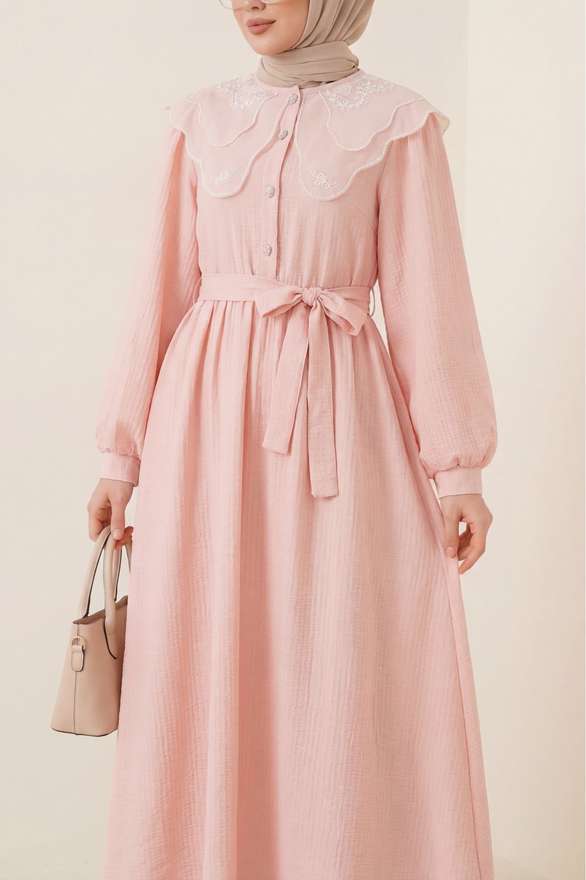Organza Peter Pan Collar Crinkle Dress with Stone Buttons -Salmon
