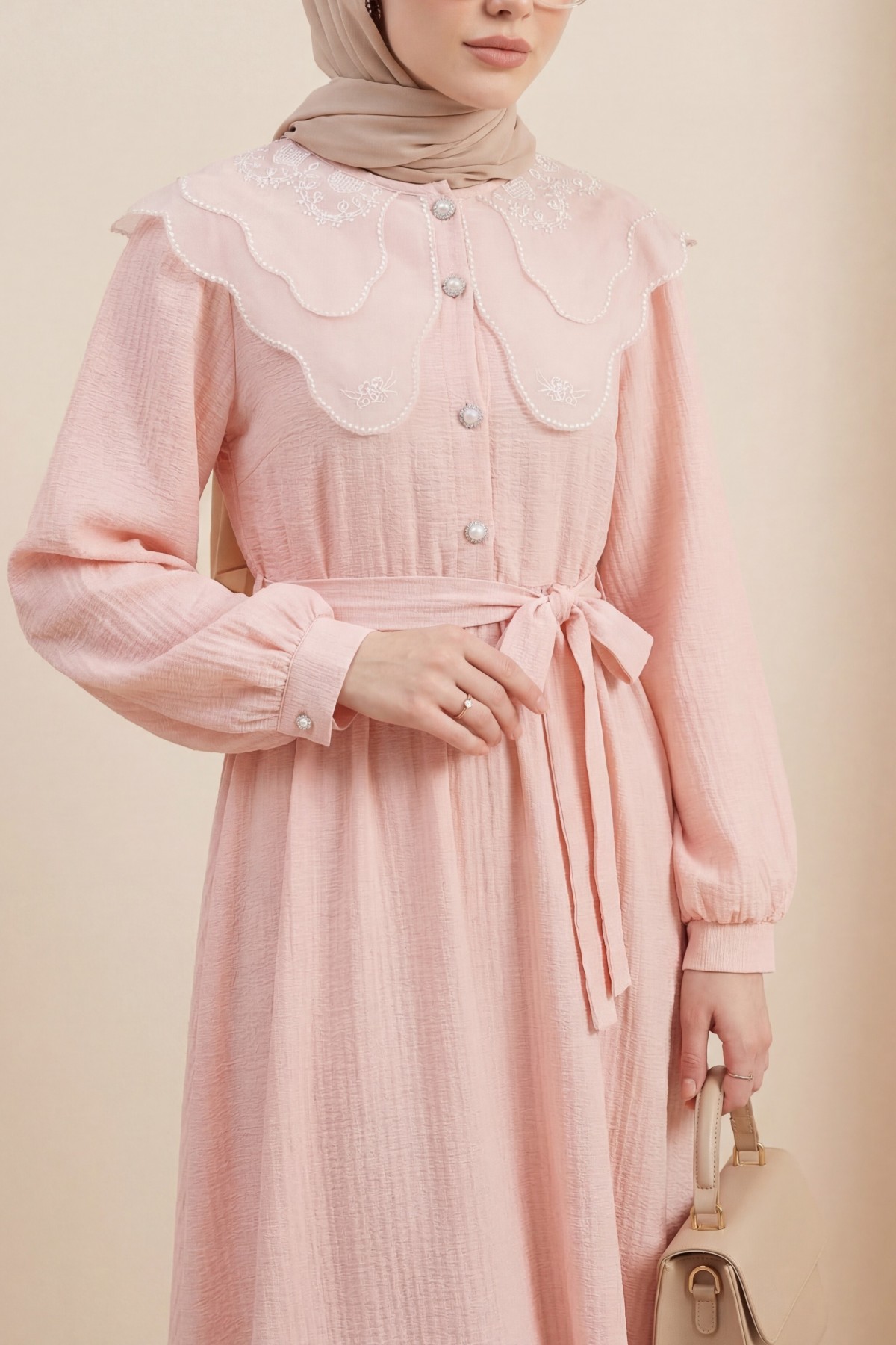 Organza Peter Pan Collar Crinkle Dress with Stone Buttons -Salmon