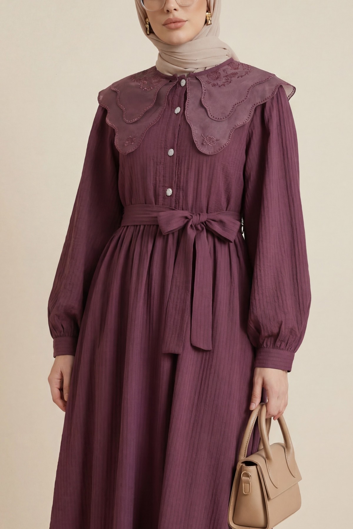Organza Peter Pan Collar Crinkle Dress with Stone Buttons -Cherry Color