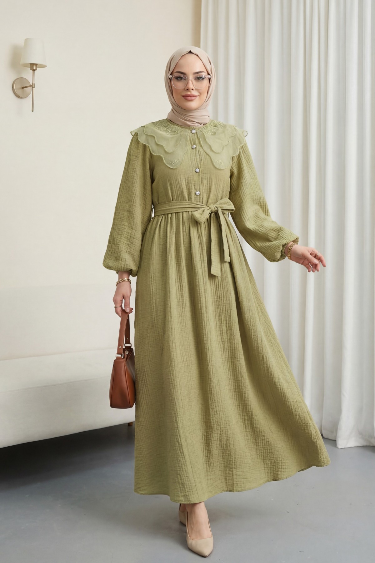 Organza Peter Pan Collar Crinkle Dress with Stone Buttons -Oil Green