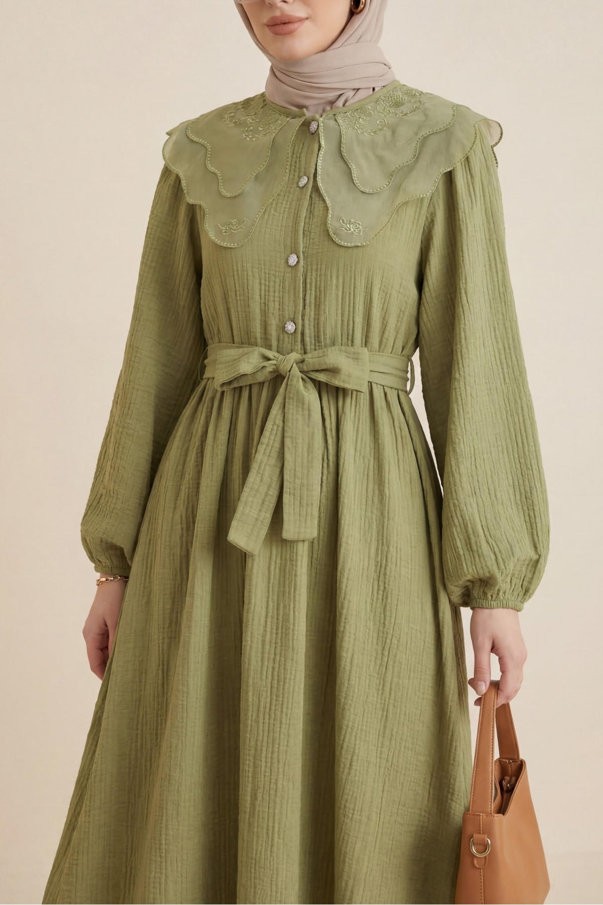 Organza Peter Pan Collar Crinkle Dress with Stone Buttons -Oil Green