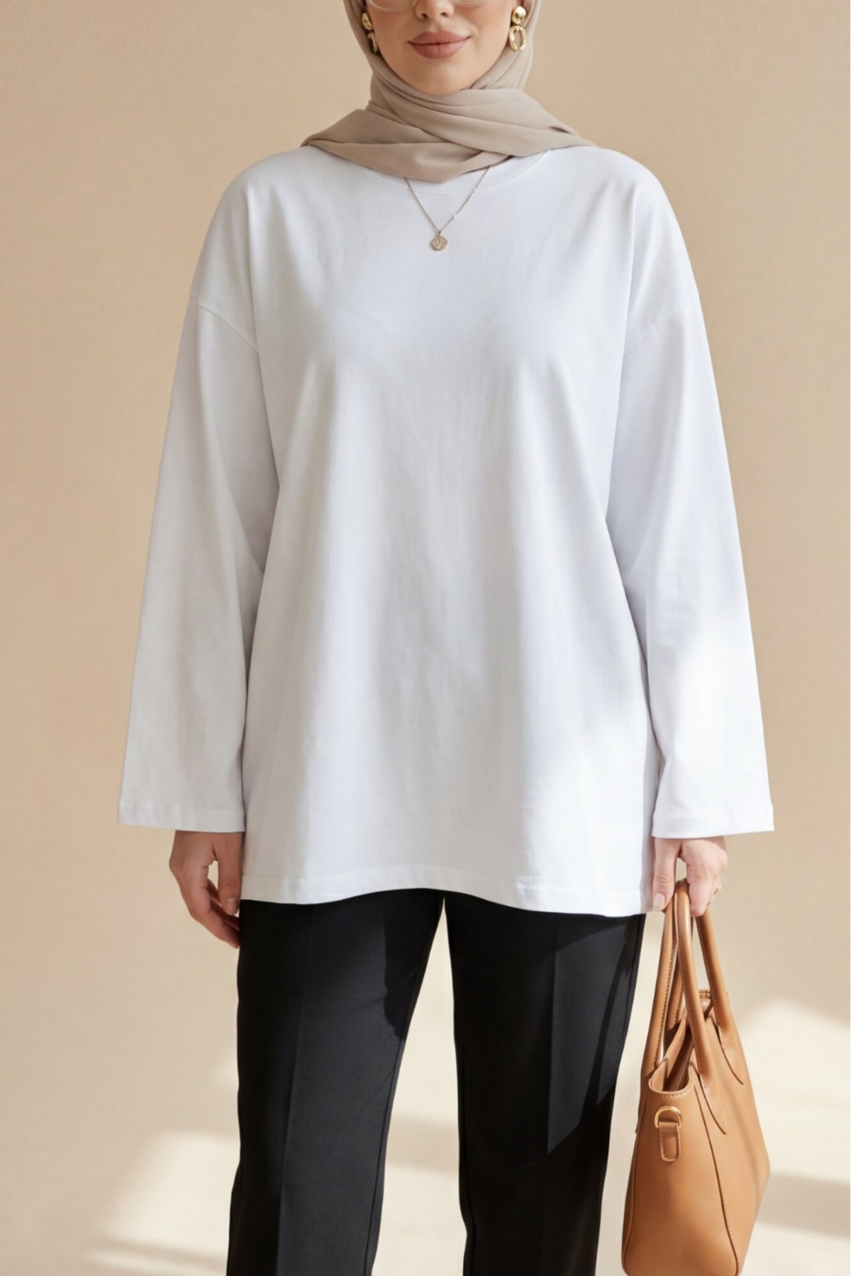 Round Neck Loose Fit Cotton Tunic -White
