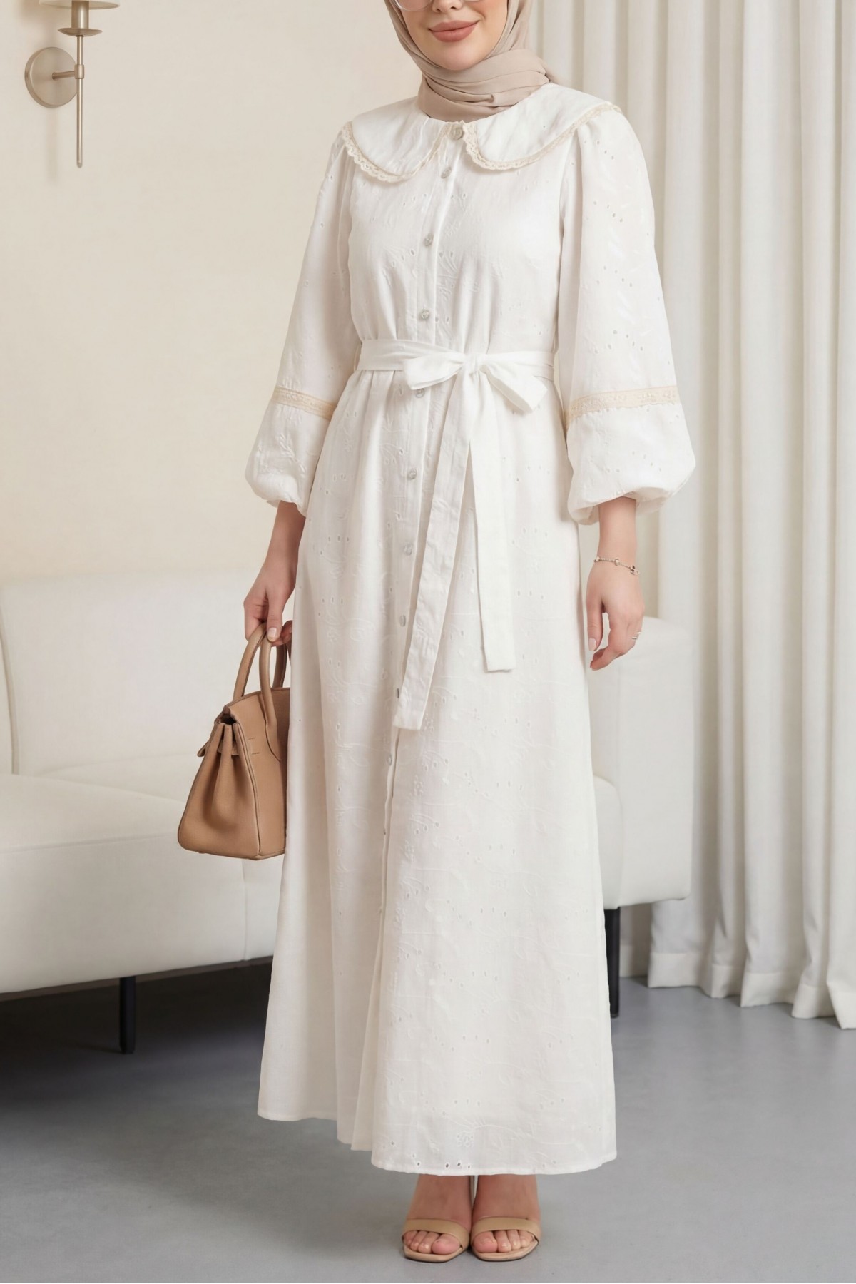 Peter Pan Collar Ruffled Full-Length Buttoned Belted Lined Linen Dress -White
