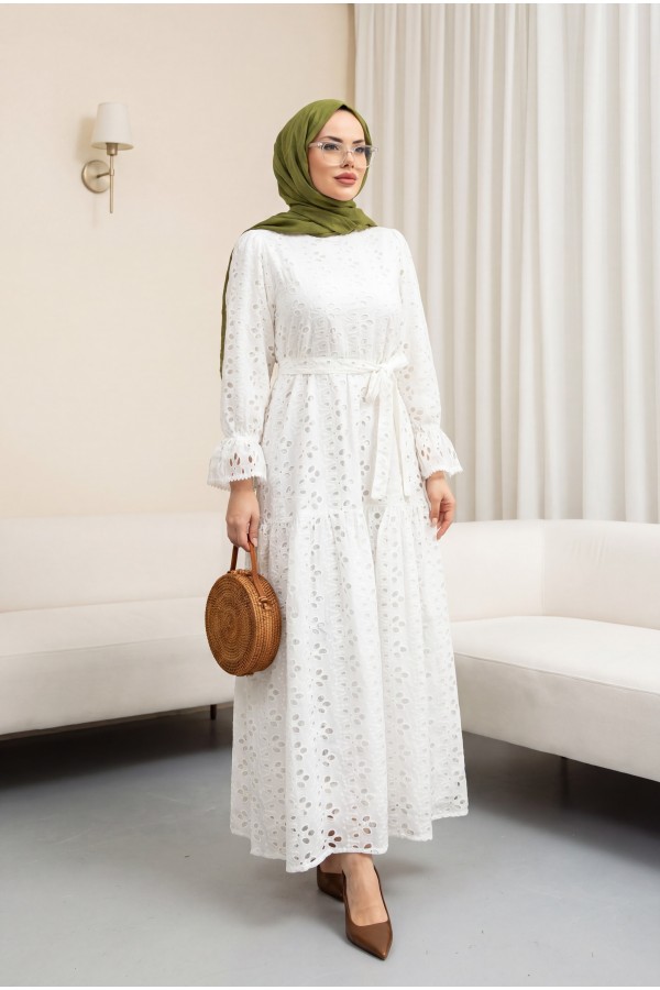 Crew Neck, Ruffled, Elasticated Sleeves, Lined Long Linen Dress -أبيض