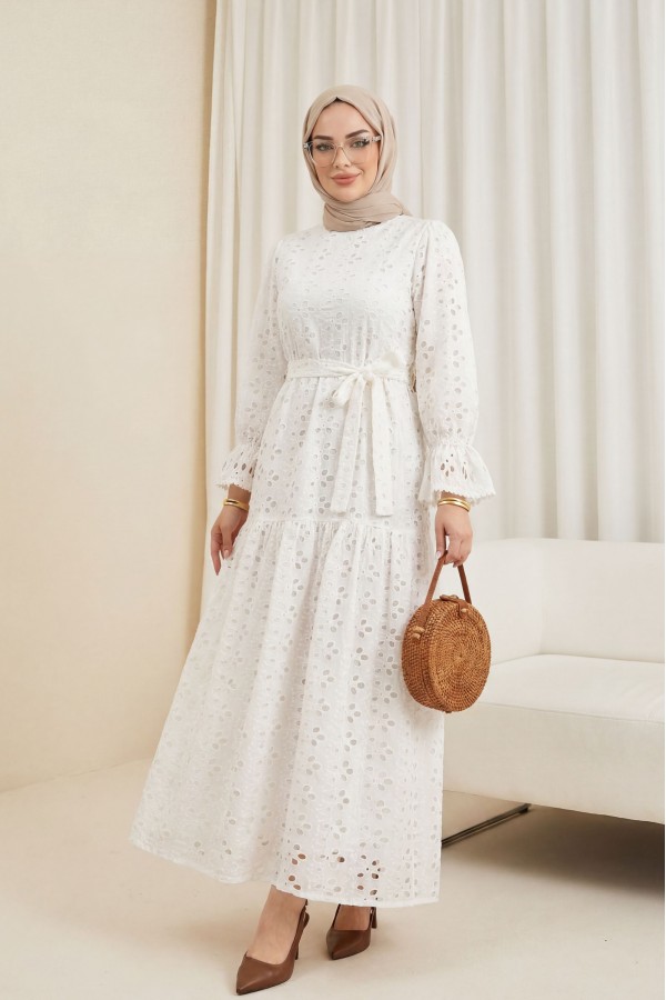 Crew Neck, Ruffled, Elasticated Sleeves, Lined Long Linen Dress -أبيض