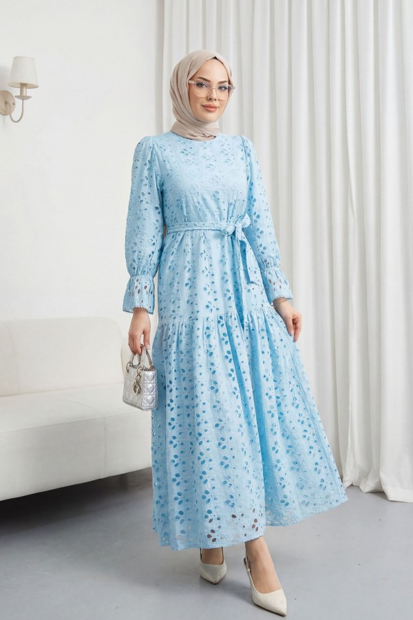 Crew Neck, Ruffled, Elasticated Sleeves, Lined Long Linen Dress -أزرق