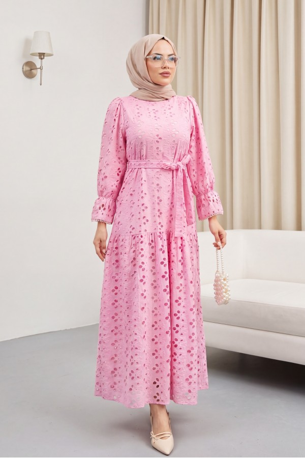 Crew Neck, Ruffled, Elasticated Sleeves, Lined Long Linen Dress -وردي