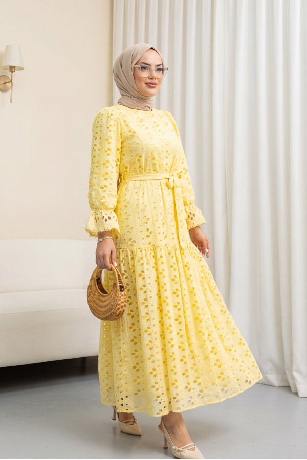 Crew Neck, Ruffled, Elasticated Sleeves, Lined Long Linen Dress -أصفر