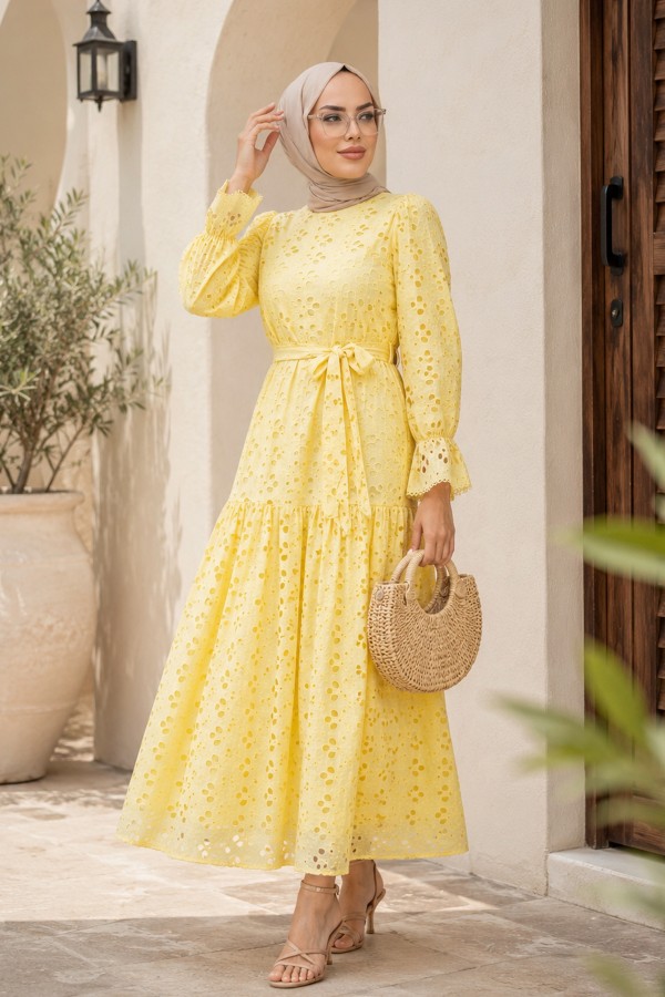 Crew Neck, Ruffled, Elasticated Sleeves, Lined Long Linen Dress -أصفر