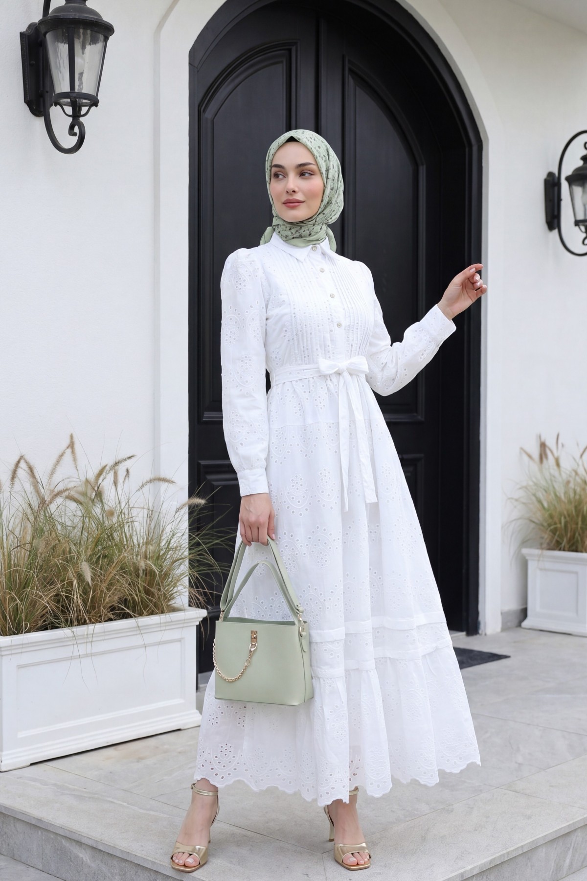 Imported Linen Dress with Ribbed Front, Frilled Trim, Lined, and Belted Shirt Collar. -White