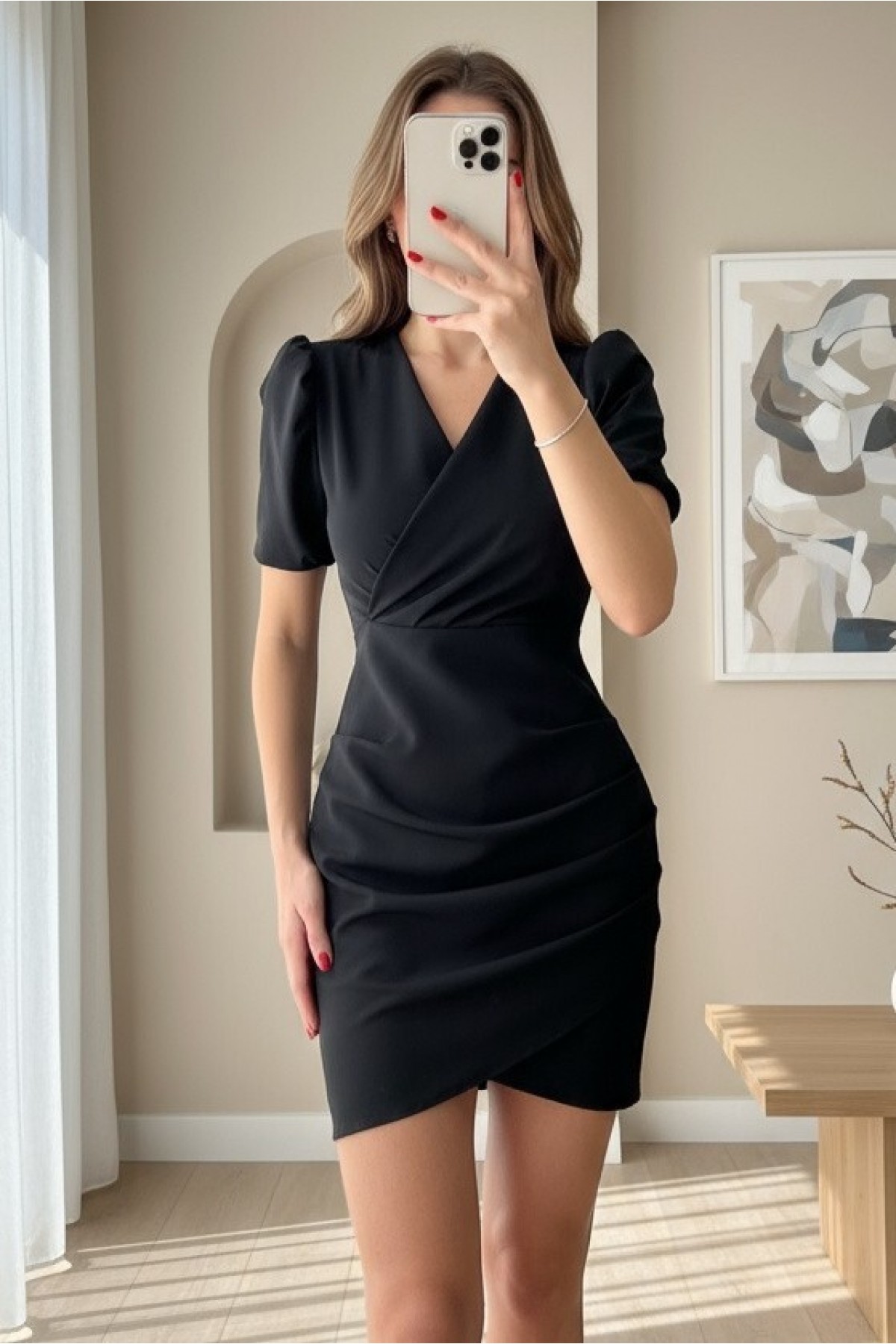 Double Breasted Collar Shoulder Pleated Layered Dress -Black