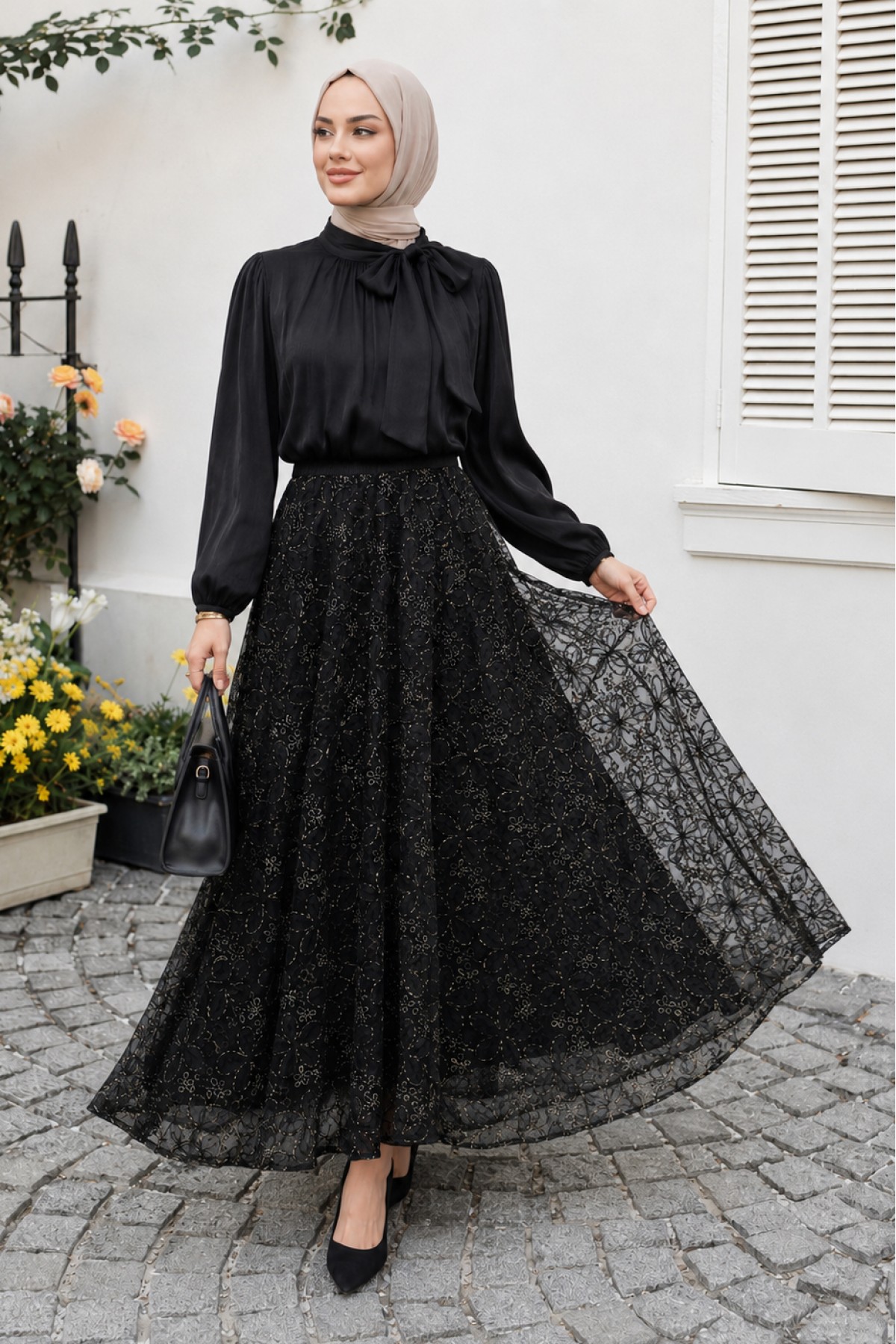 Sequined Skirt, Lined, Tie-Neck, Elasticated Sleeves, Shimmering Suit -Black