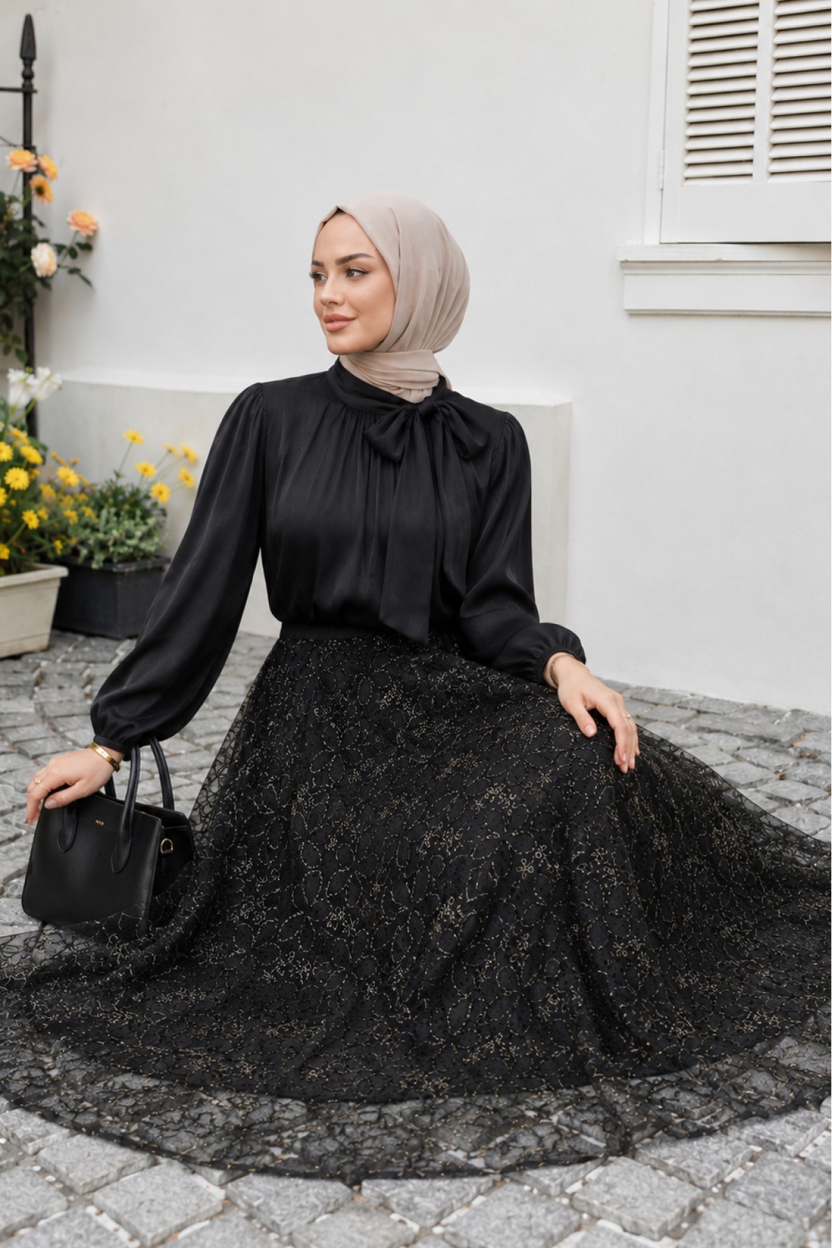 Sequined Skirt, Lined, Tie-Neck, Elasticated Sleeves, Shimmering Suit -Black