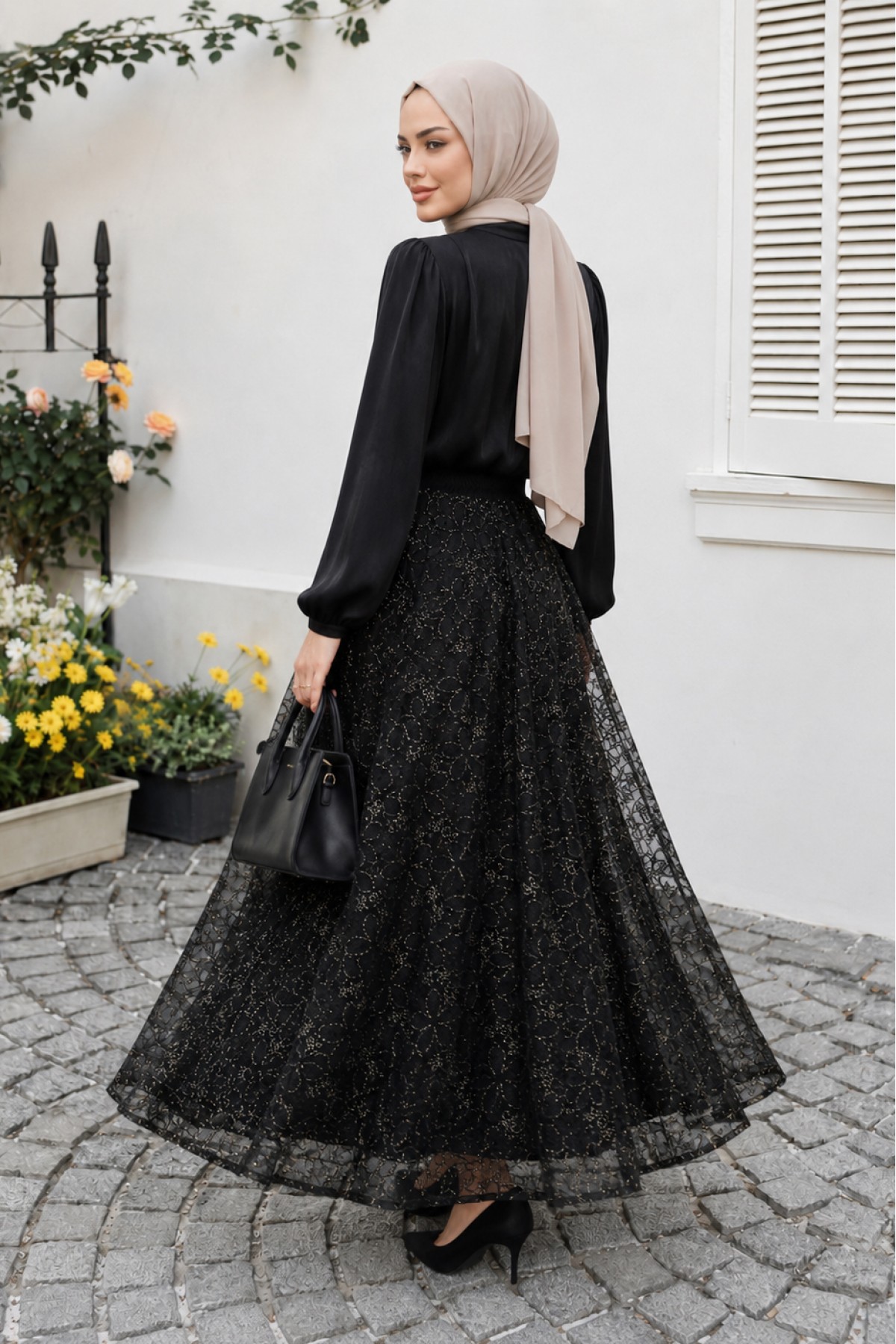 Sequined Skirt, Lined, Tie-Neck, Elasticated Sleeves, Shimmering Suit -Black