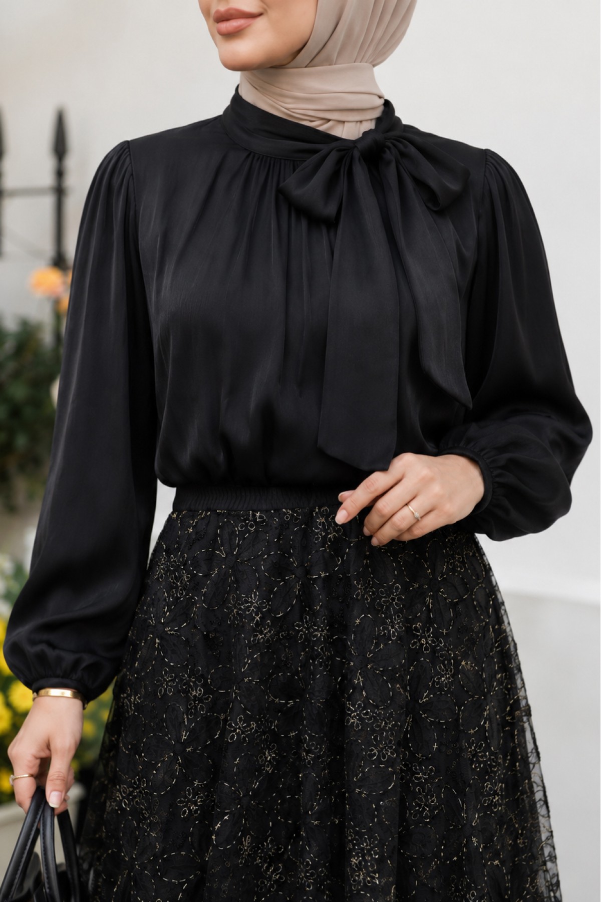 Sequined Skirt, Lined, Tie-Neck, Elasticated Sleeves, Shimmering Suit -Black