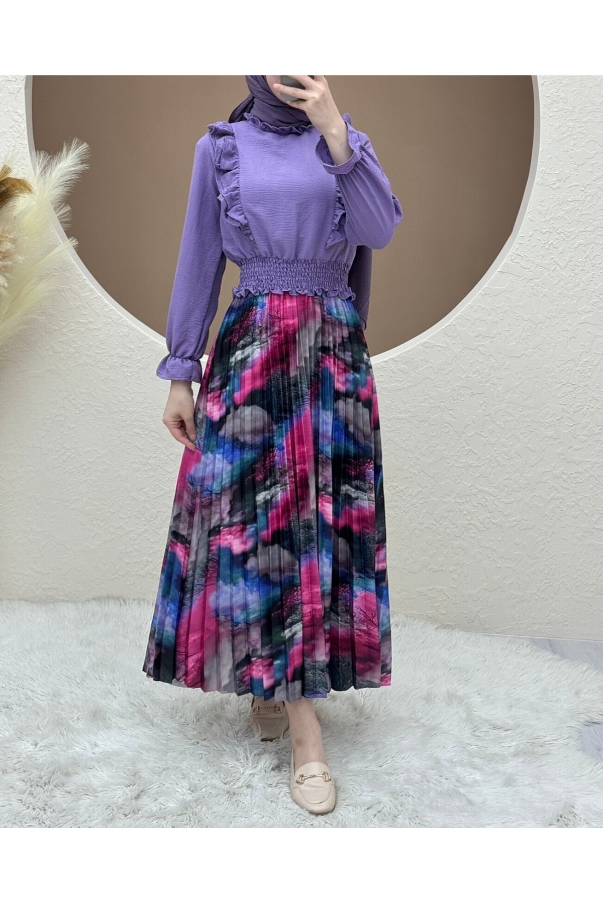 Digital Printed Pleated Skirt -Pink