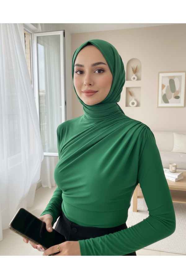 Half Neck Pleated Sandy Blouse -Green