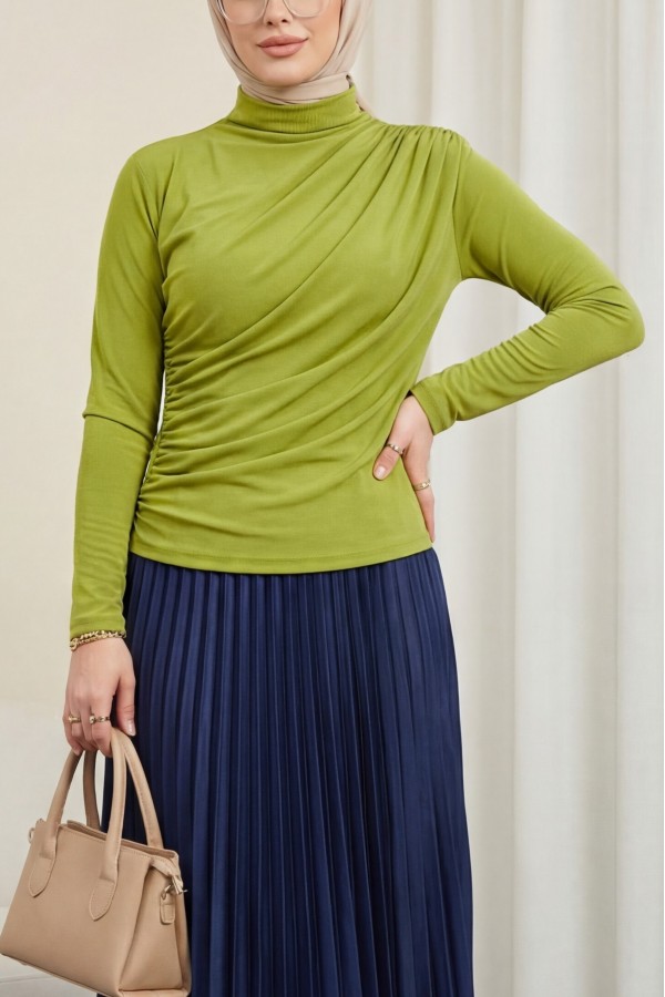 Half Neck Pleated Sandy Blouse   -Oil Green