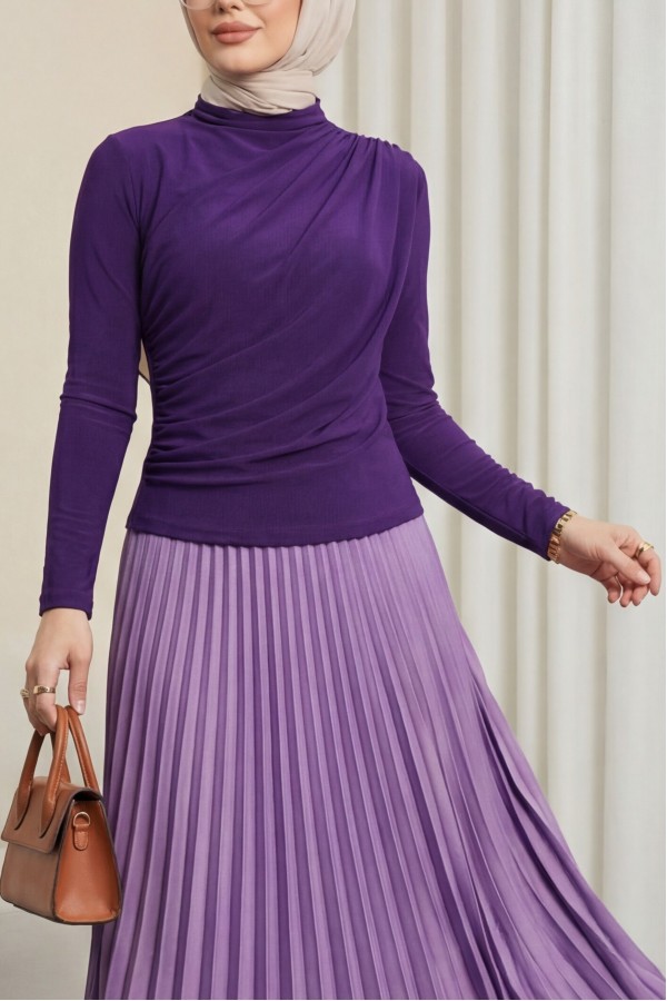 Half Neck Pleated Sandy Blouse      - Purple