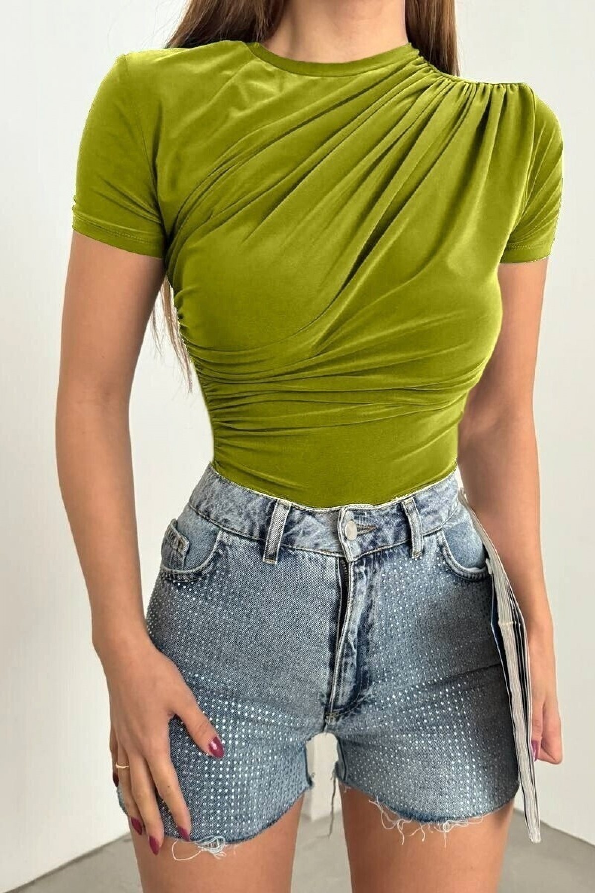 Cross Gathered Short Sleeve Sandy Blouse -Oil Green