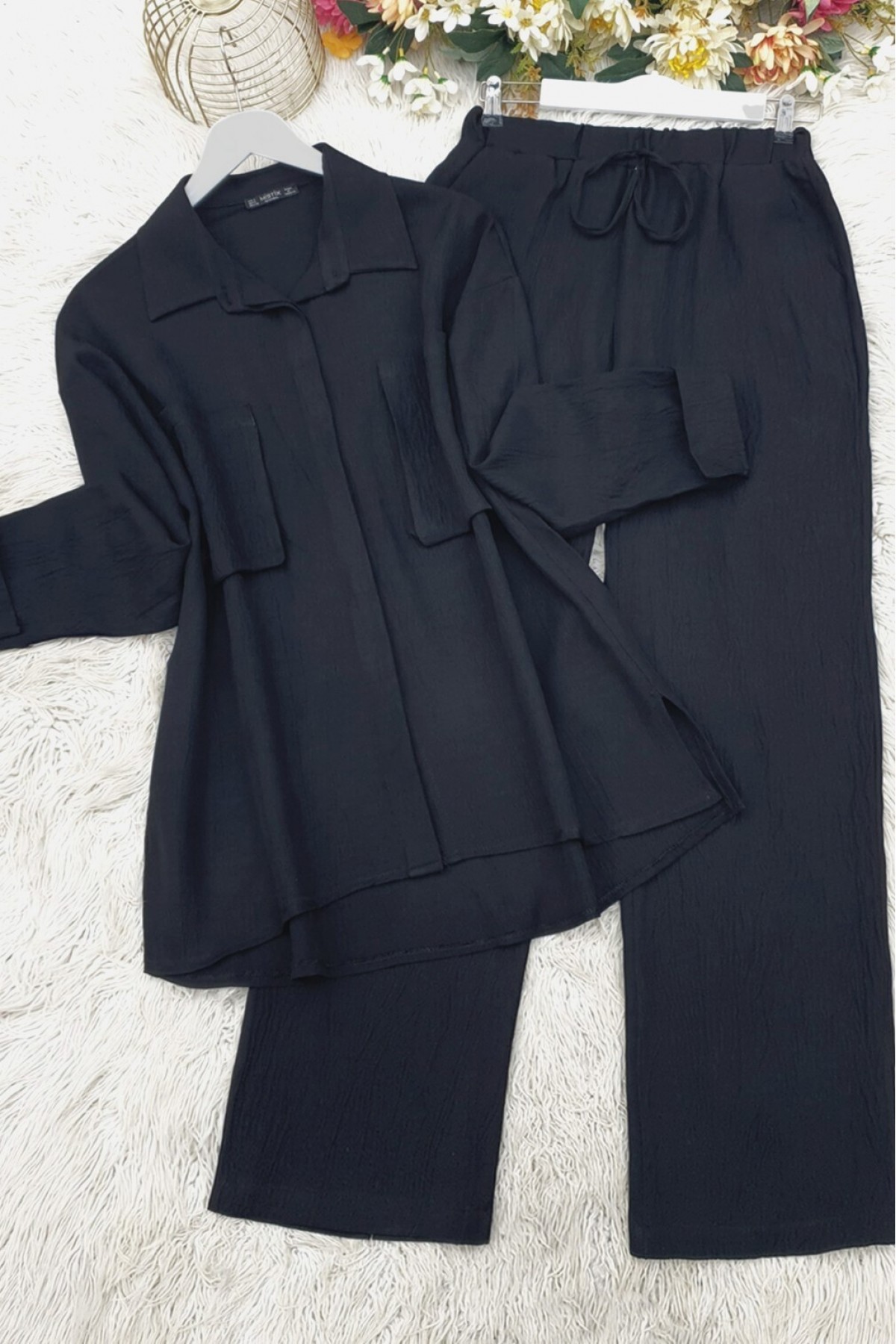 Double Linen Suit with Bellows Pocket   -Black