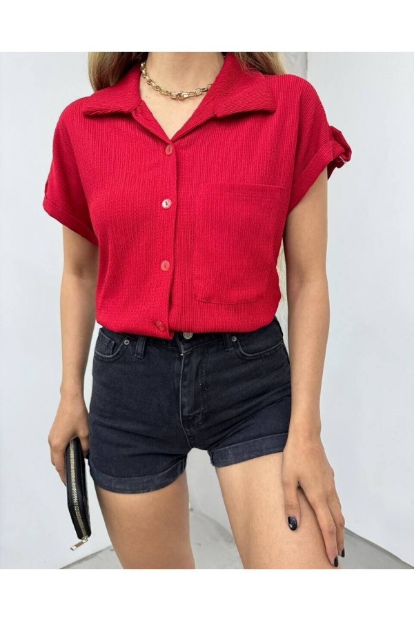 Double Sleeve Single Pocket Wrinkled Shirt  -Maroon