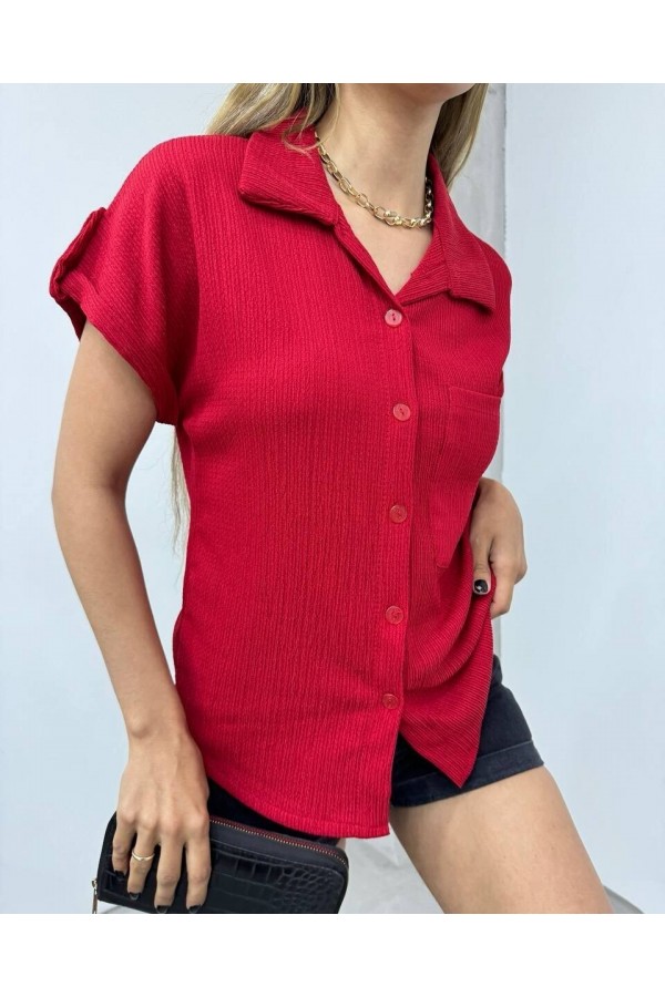 Double Sleeve Single Pocket Wrinkled Shirt  -Maroon