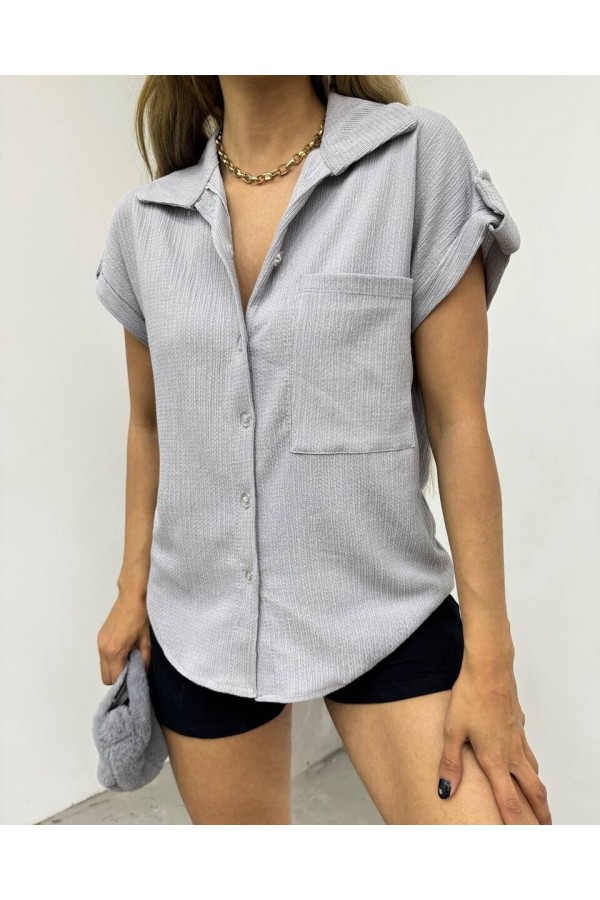 Double Sleeve Single Pocket Wrinkled Shirt  -Grey