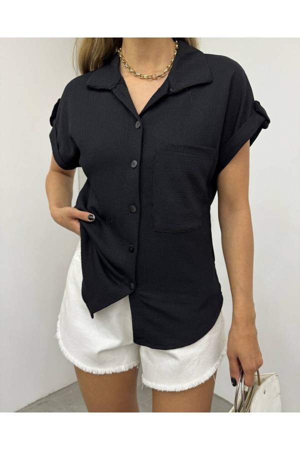 Double Sleeve Single Pocket Wrinkled Shirt  -Black