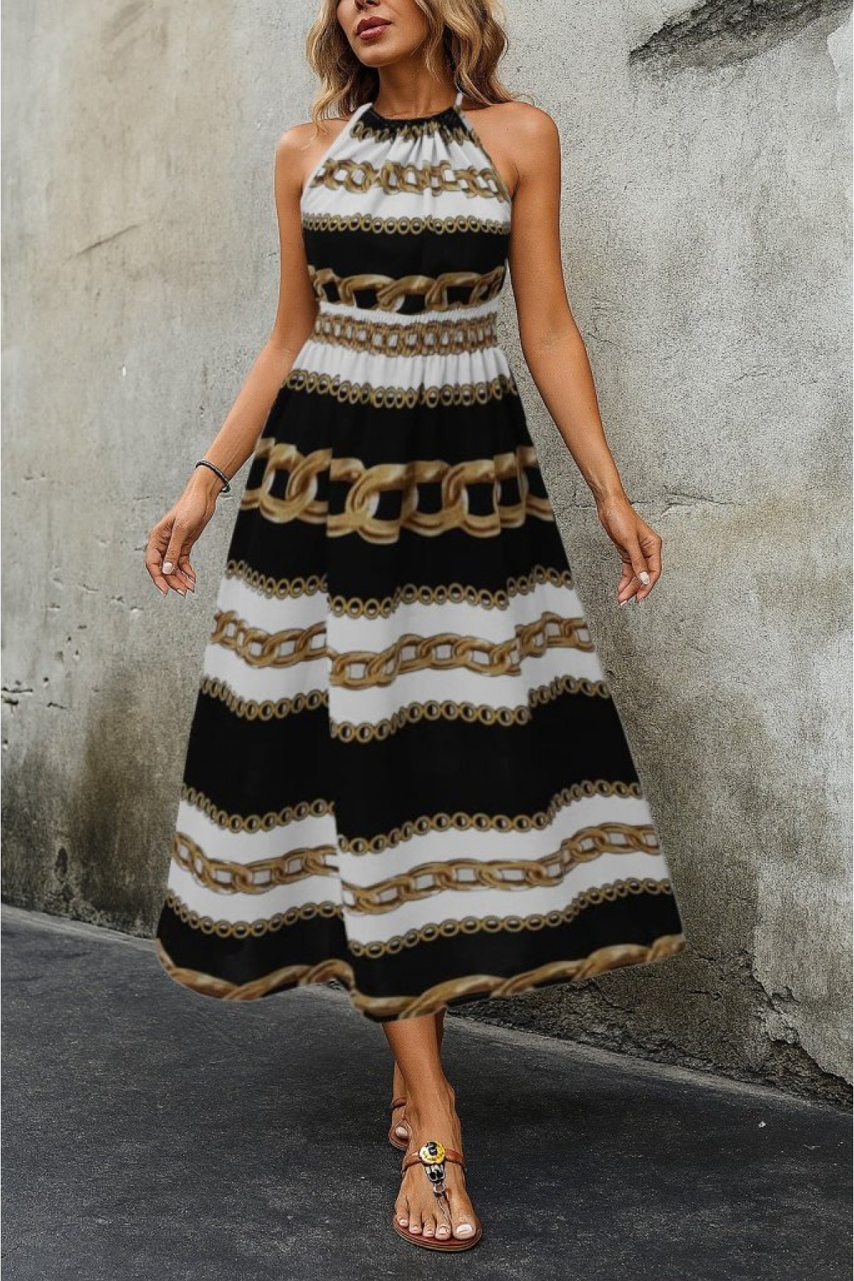 Women's Sleeveless Halter Neck Elastic Waist Digital Printed Single Jersey Long Dress