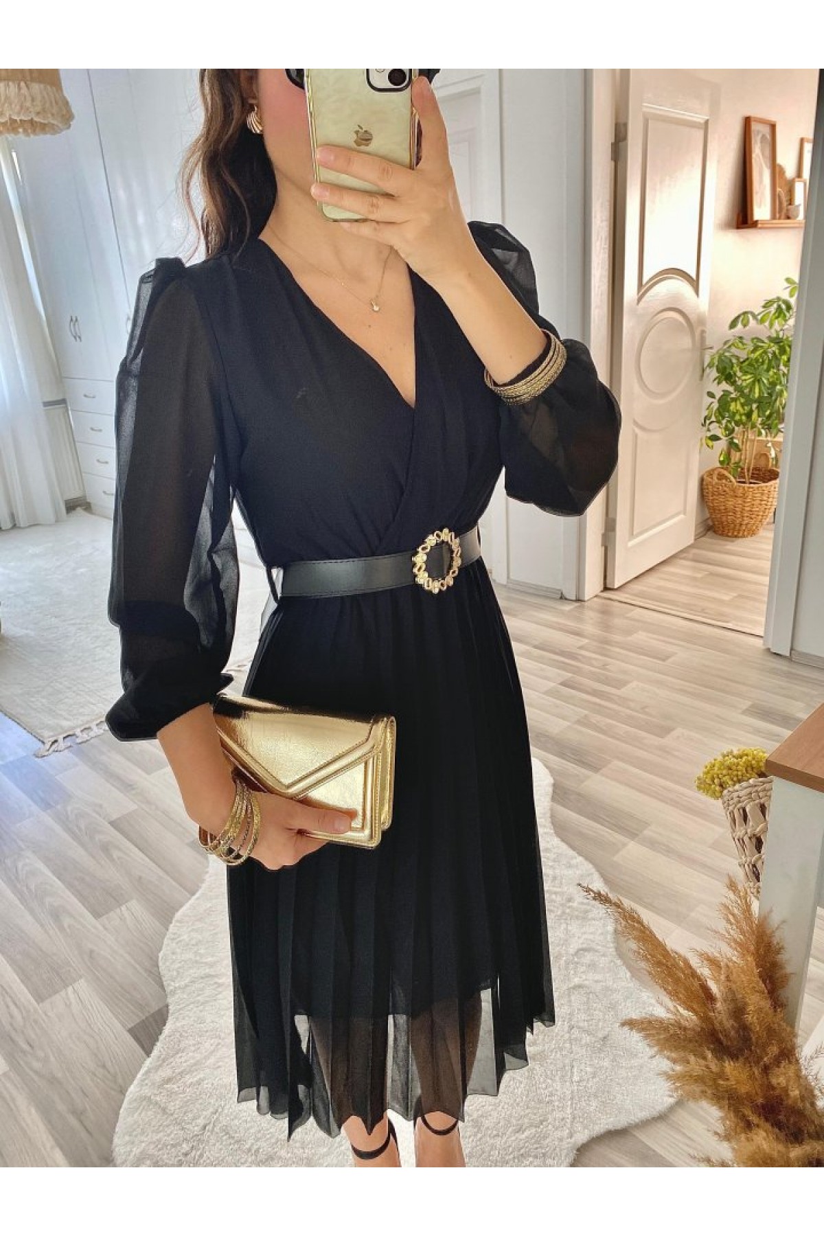 Women's Chiffon Fabric Lined Flared Wrap Neck Midi Length Dress